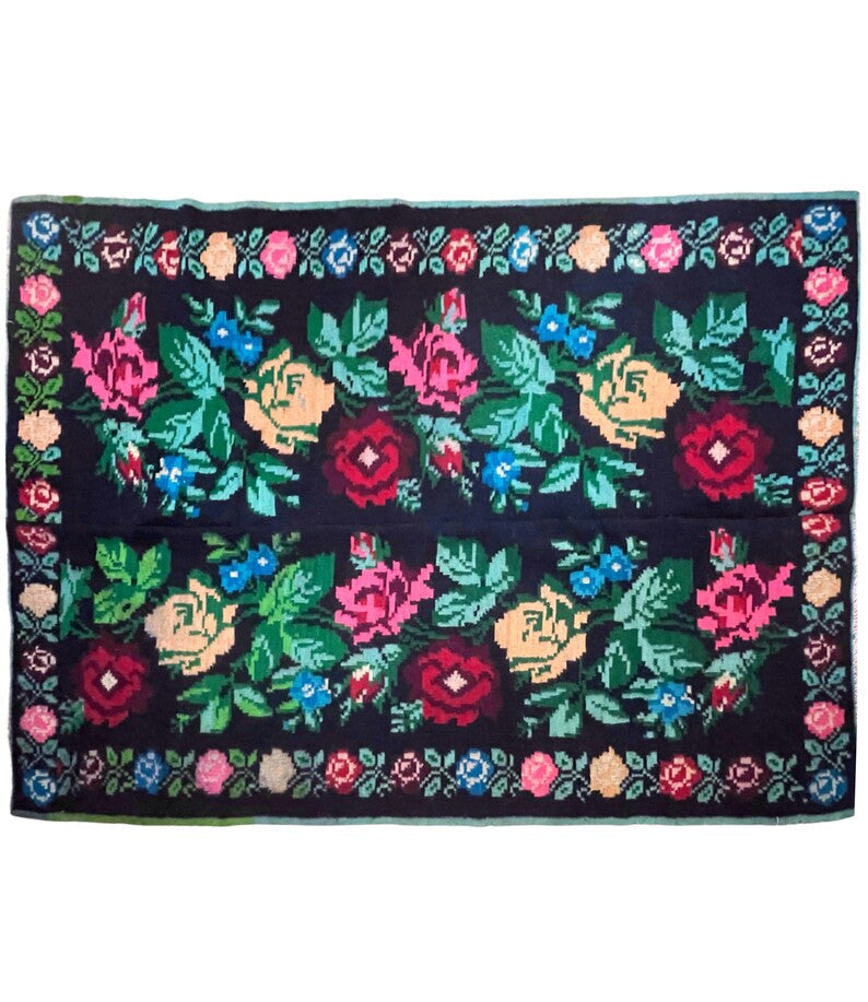 Handwoven Black Floral Romanian Wool Rug, 242x168 cm