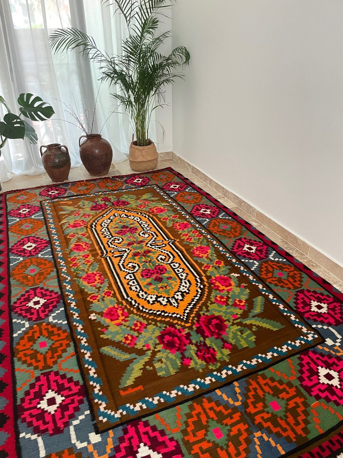 Handwoven Floral Romanian Wool Rug, 316x182 cm