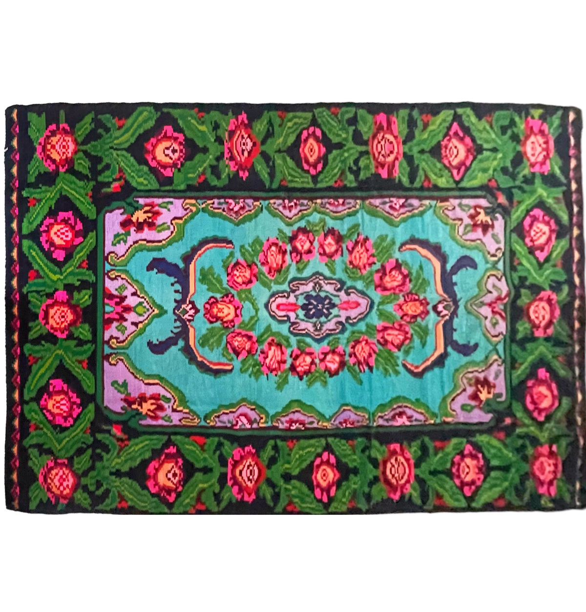 Handwoven Turquoise Floral Romanian Wool Rug, 380x175 cm