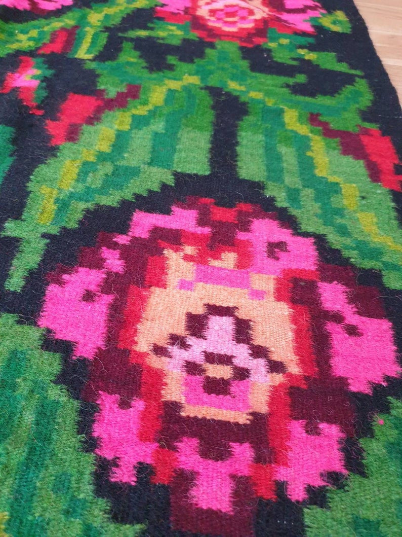 Handwoven Turquoise Floral Romanian Wool Rug, 380x175 cm, view 12