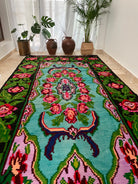 Handwoven Turquoise Floral Romanian Wool Rug, 380x175 cm, view 13