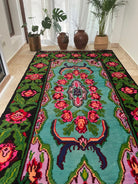 Handwoven Turquoise Floral Romanian Wool Rug, 380x175 cm, view 2