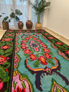 Handwoven Turquoise Floral Romanian Wool Rug, 380x175 cm, view 3