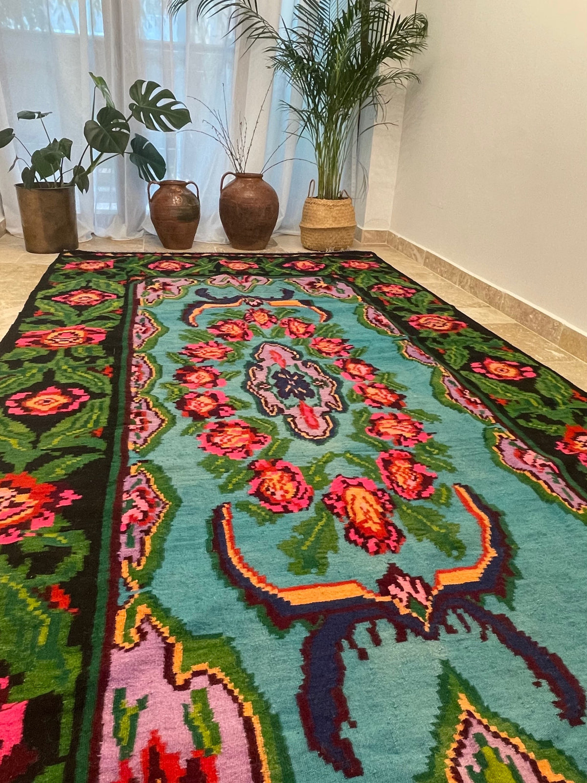 Handwoven Turquoise Floral Romanian Wool Rug, 380x175 cm, view 3