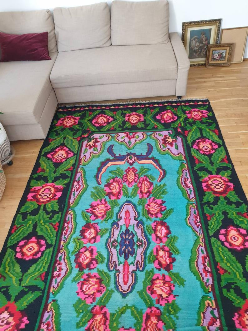 Handwoven Turquoise Floral Romanian Wool Rug, 380x175 cm, view 5