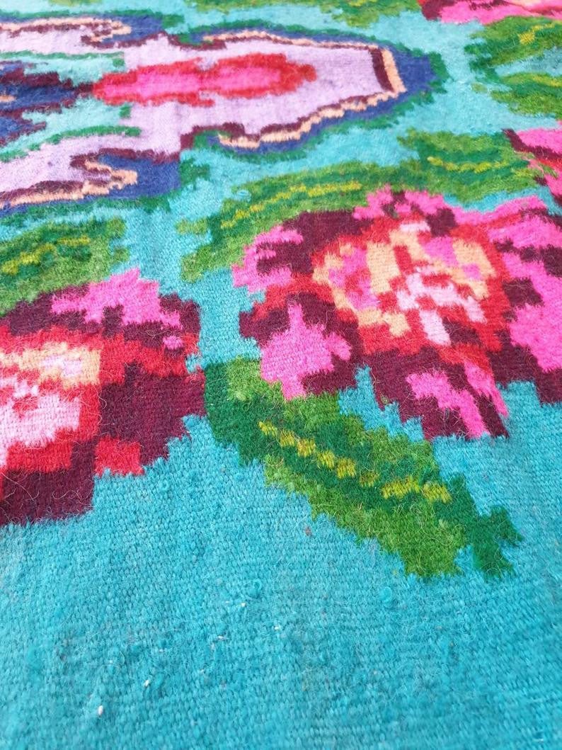 Handwoven Turquoise Floral Romanian Wool Rug, 380x175 cm, view 9