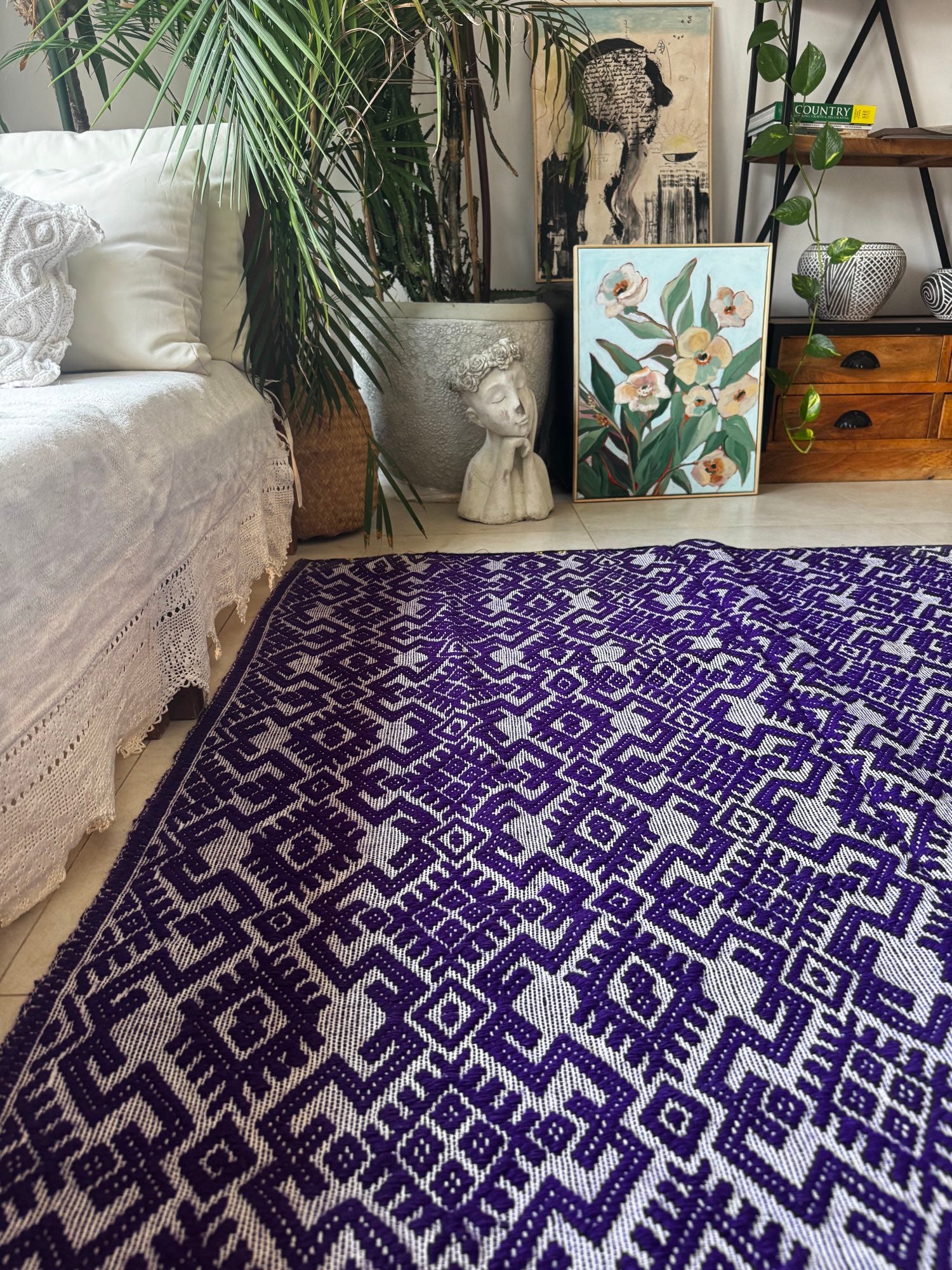 Handwoven Purple Geometric Romanian Wool Rug, 190x135 cm, view 3