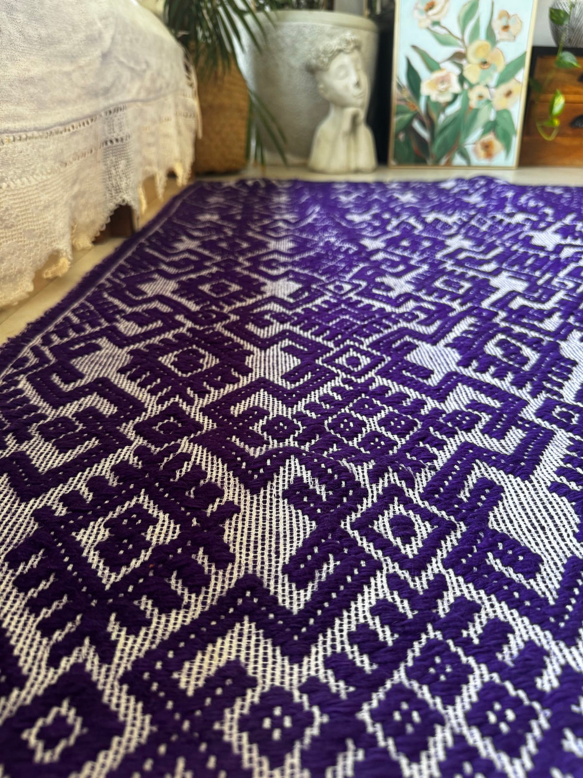 Handwoven Purple Geometric Romanian Wool Rug, 190x135 cm, view 4
