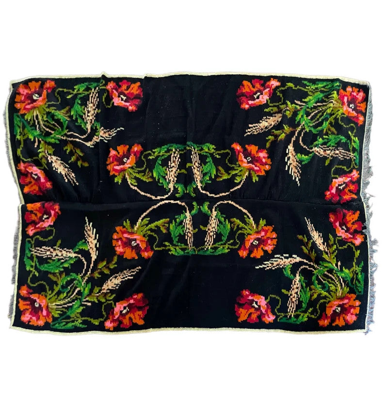 Handwoven Romanian Wool Rug with Poppies, 250x160 cm