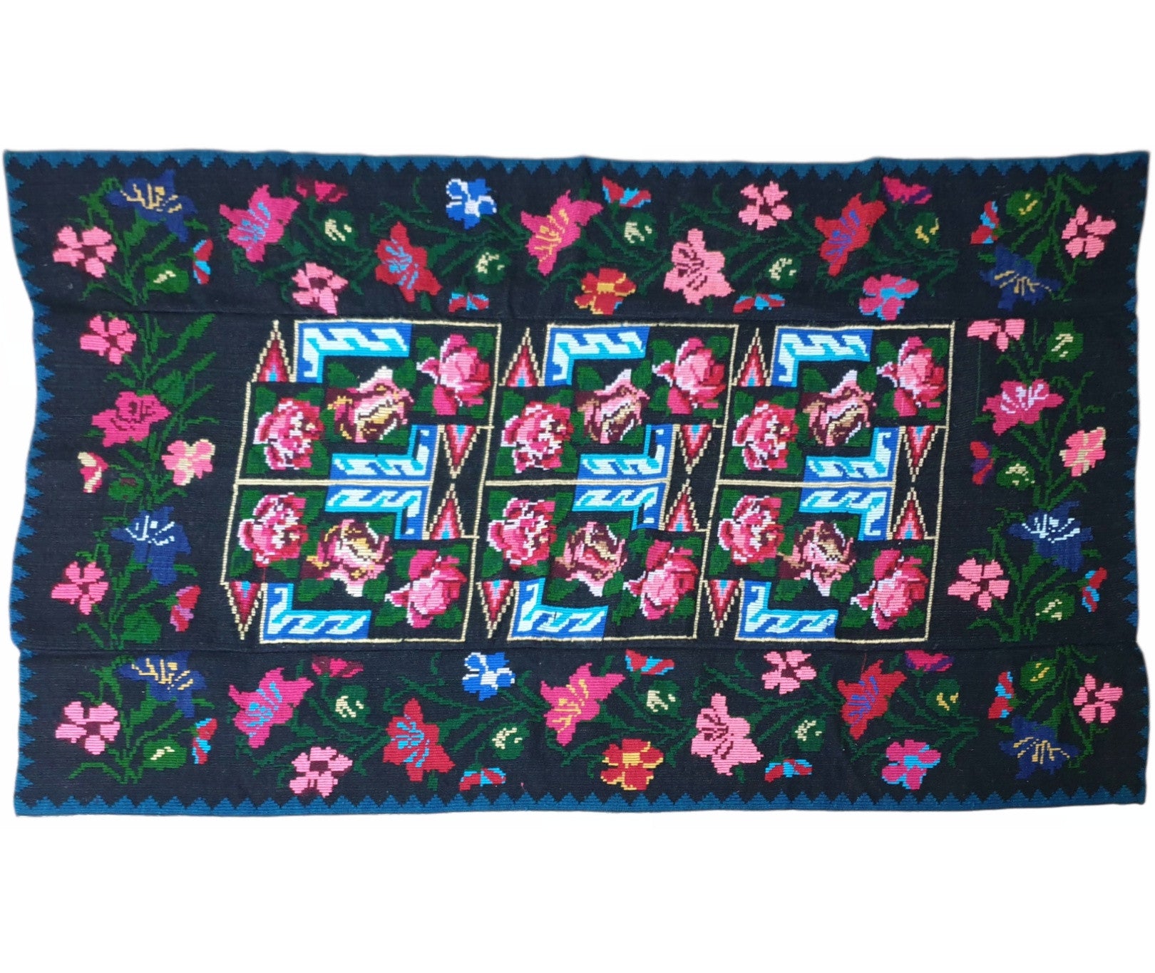 Handwoven Black Floral Romanian Wool Rug, 207x144 cm, view 2