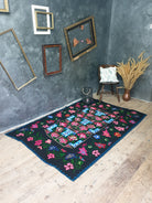 Handwoven Black Floral Romanian Wool Rug, 207x144 cm, view 3