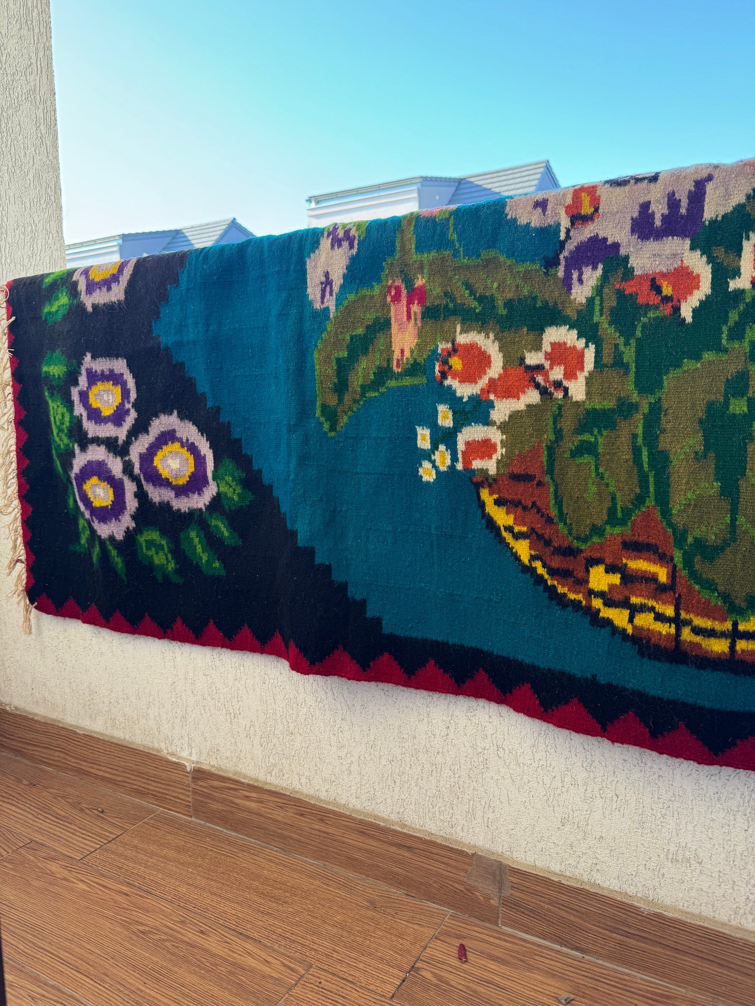 Handwoven Blue Floral Romanian Wool Runner Rug, 285x106 cm, view 3