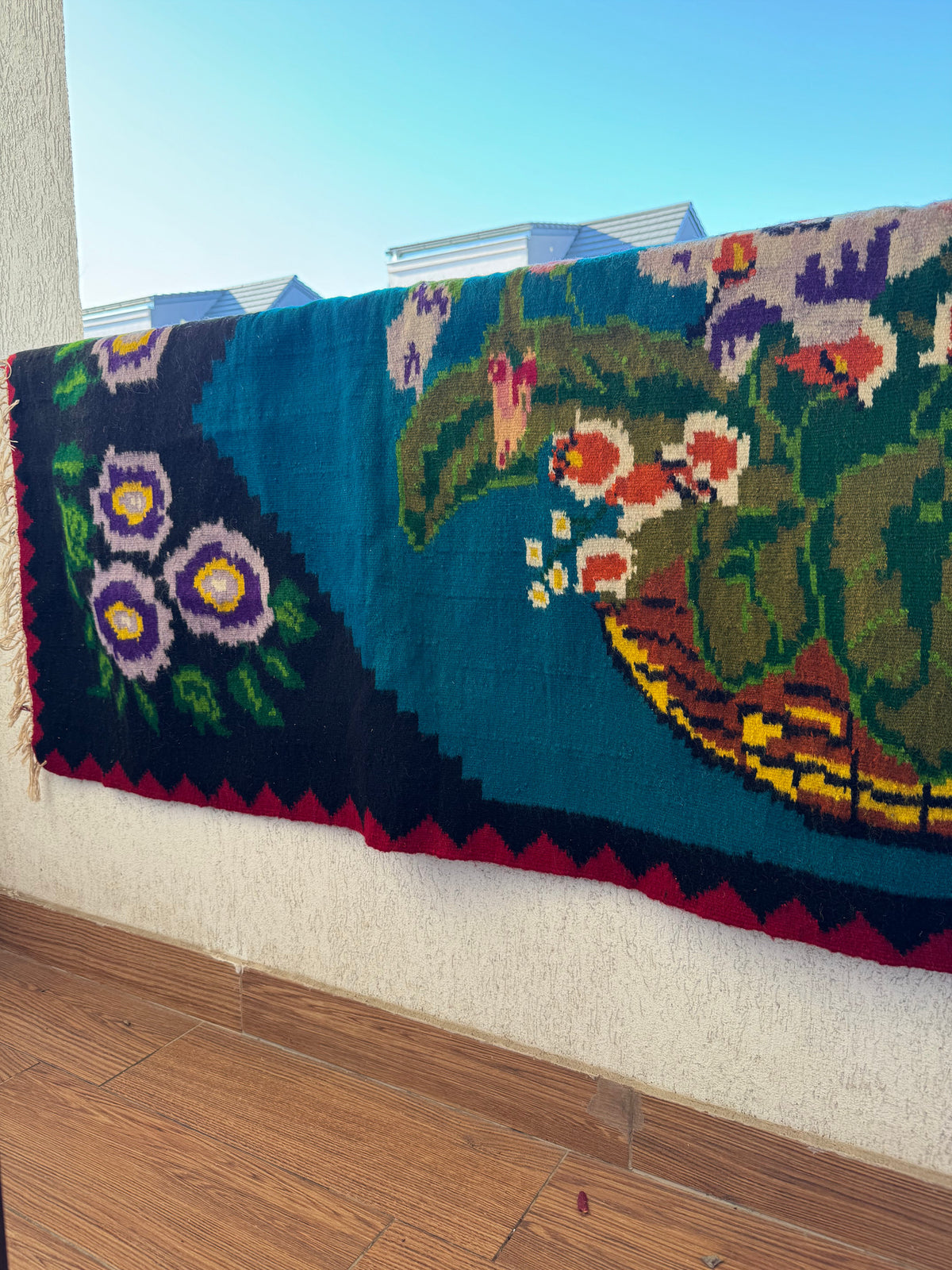 Handwoven Blue Floral Romanian Wool Runner Rug, 285x106 cm, view 3