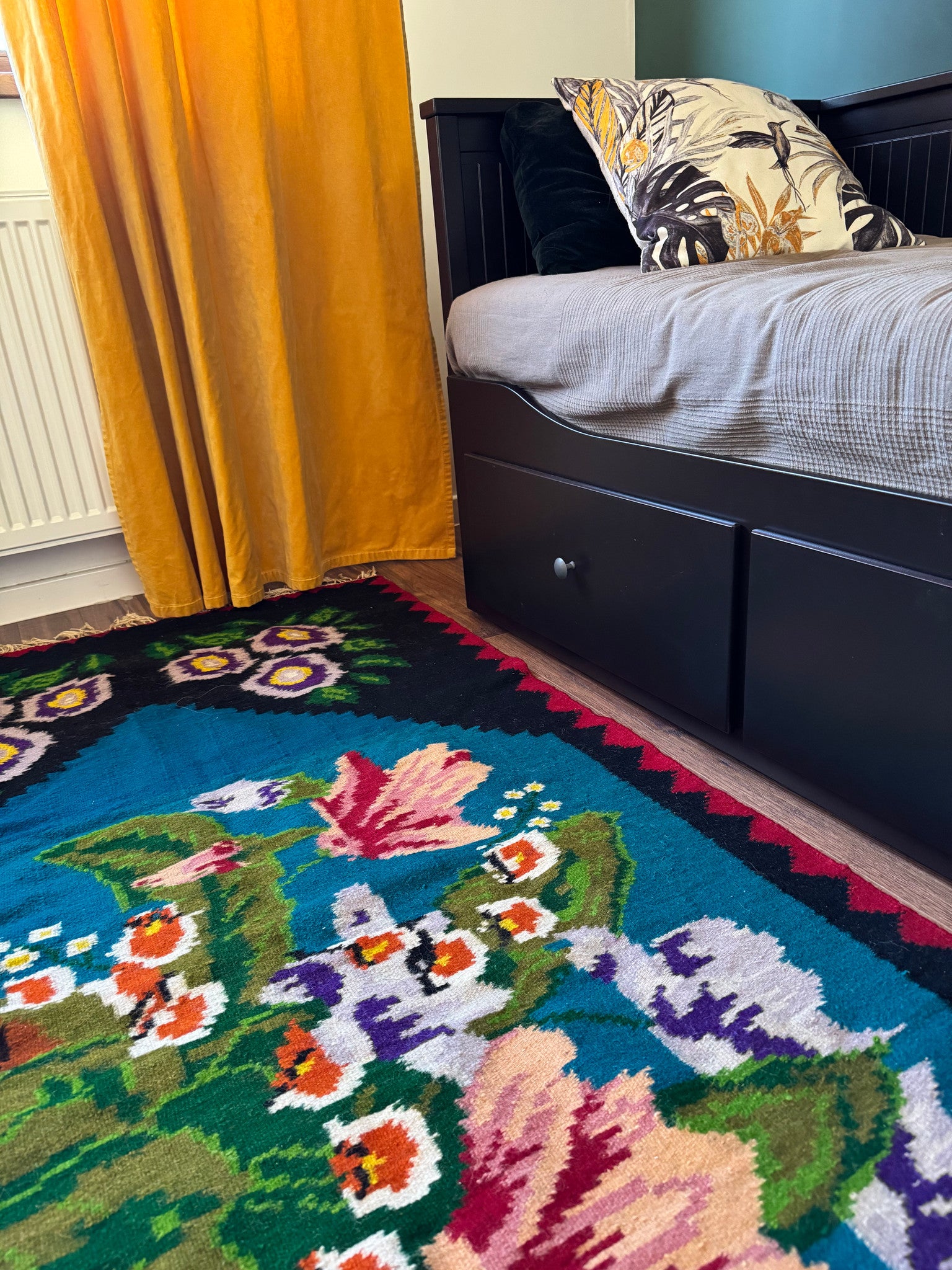Handwoven Blue Floral Romanian Wool Runner Rug, 285x106 cm, view 6