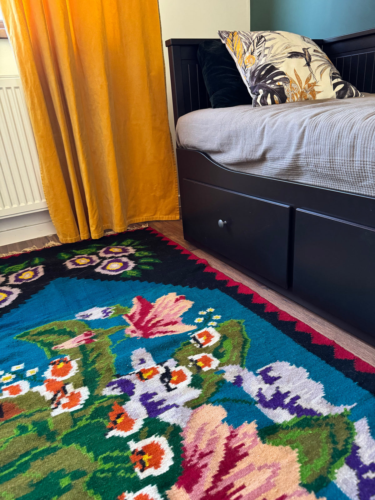 Handwoven Blue Floral Romanian Wool Runner Rug, 285x106 cm, view 6