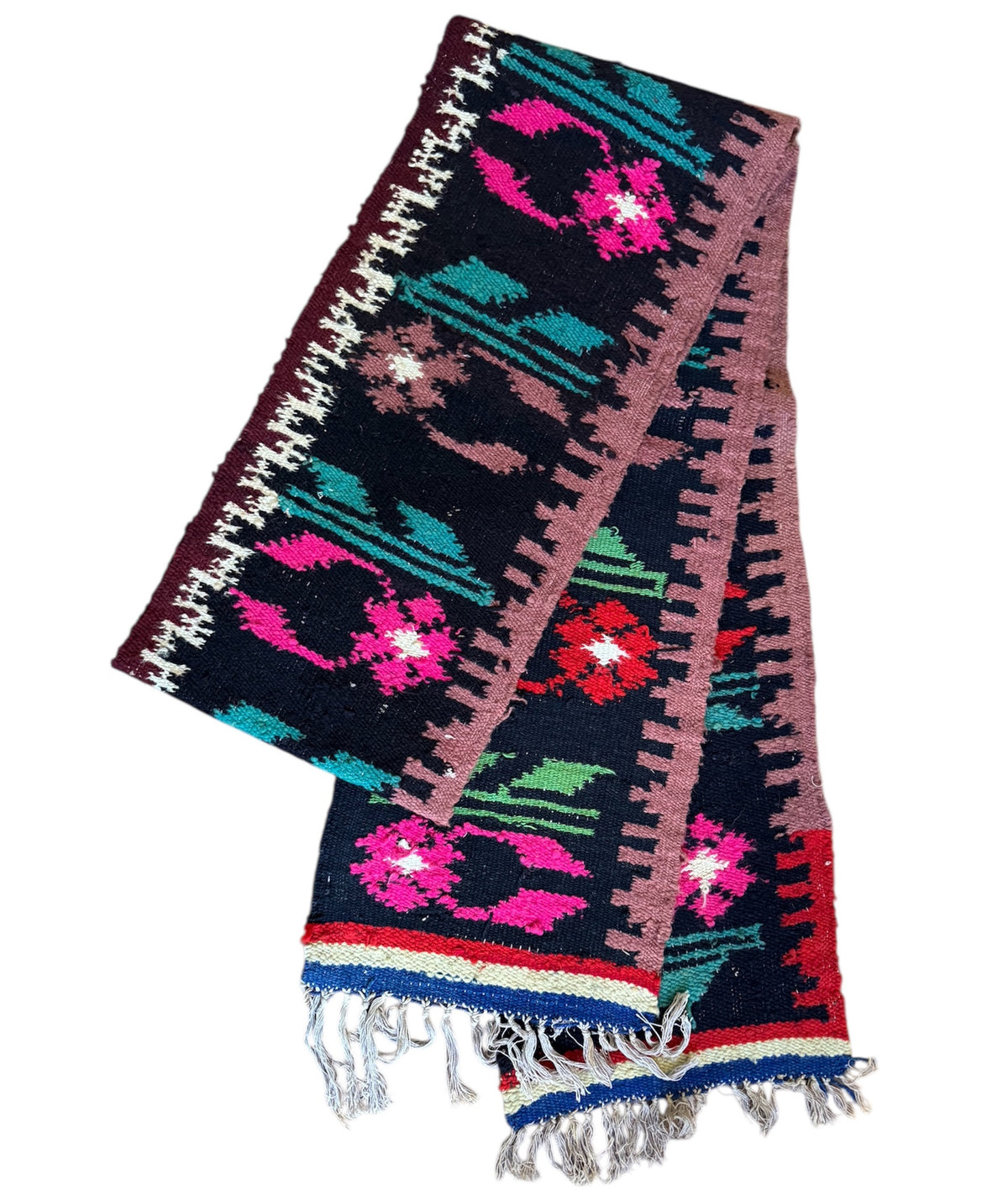 Handwoven Black Floral Romanian Wool Runner Rug, 336x33 cm