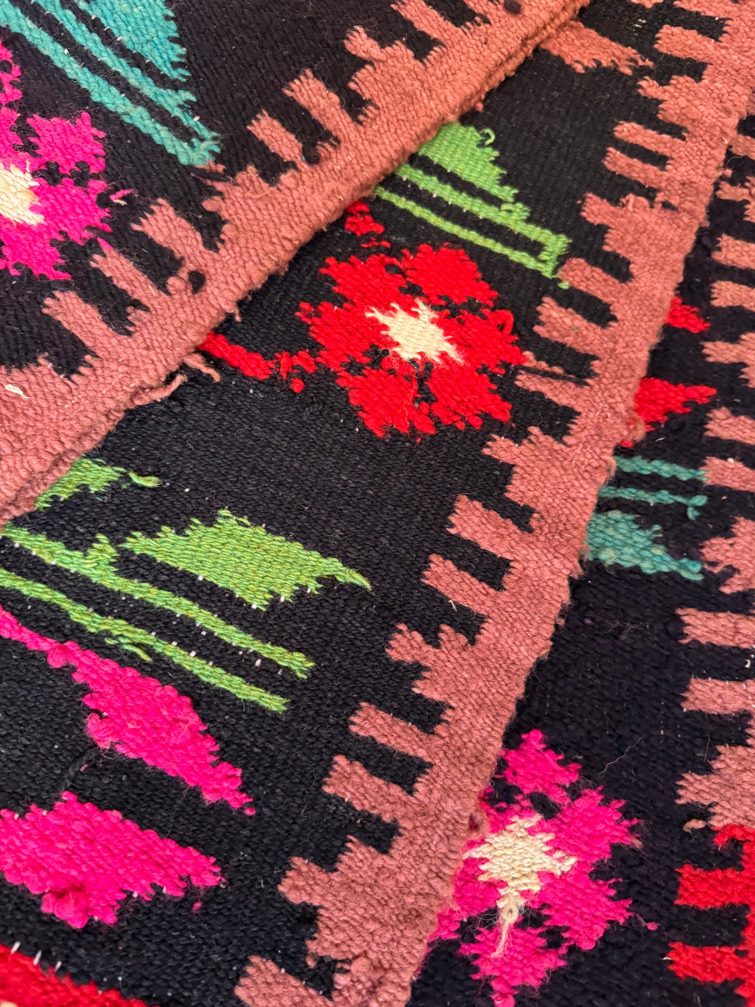 Handwoven Black Floral Romanian Wool Runner Rug, 336x33 cm, view 14