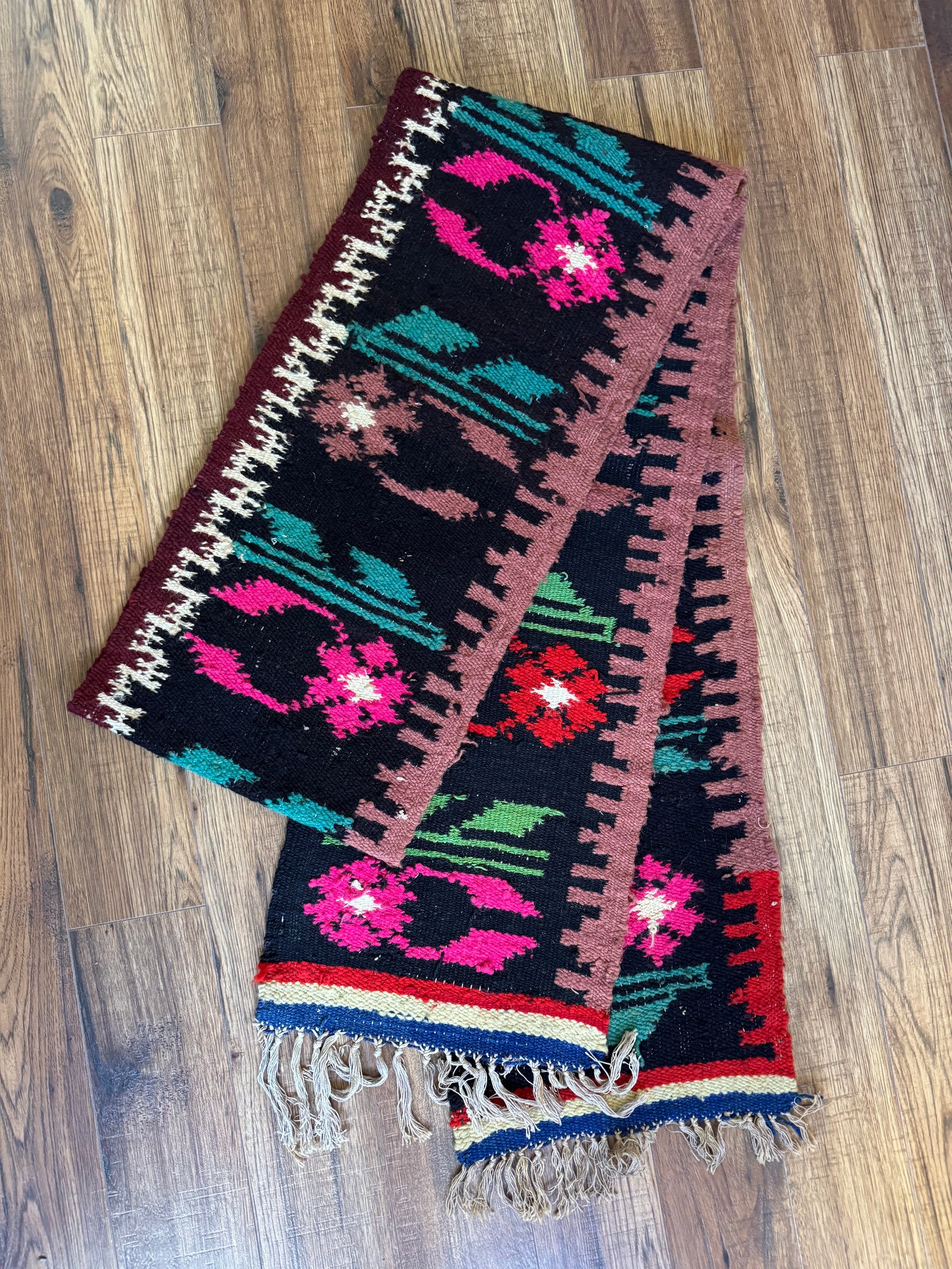 Handwoven Black Floral Romanian Wool Runner Rug, 336x33 cm, view 15