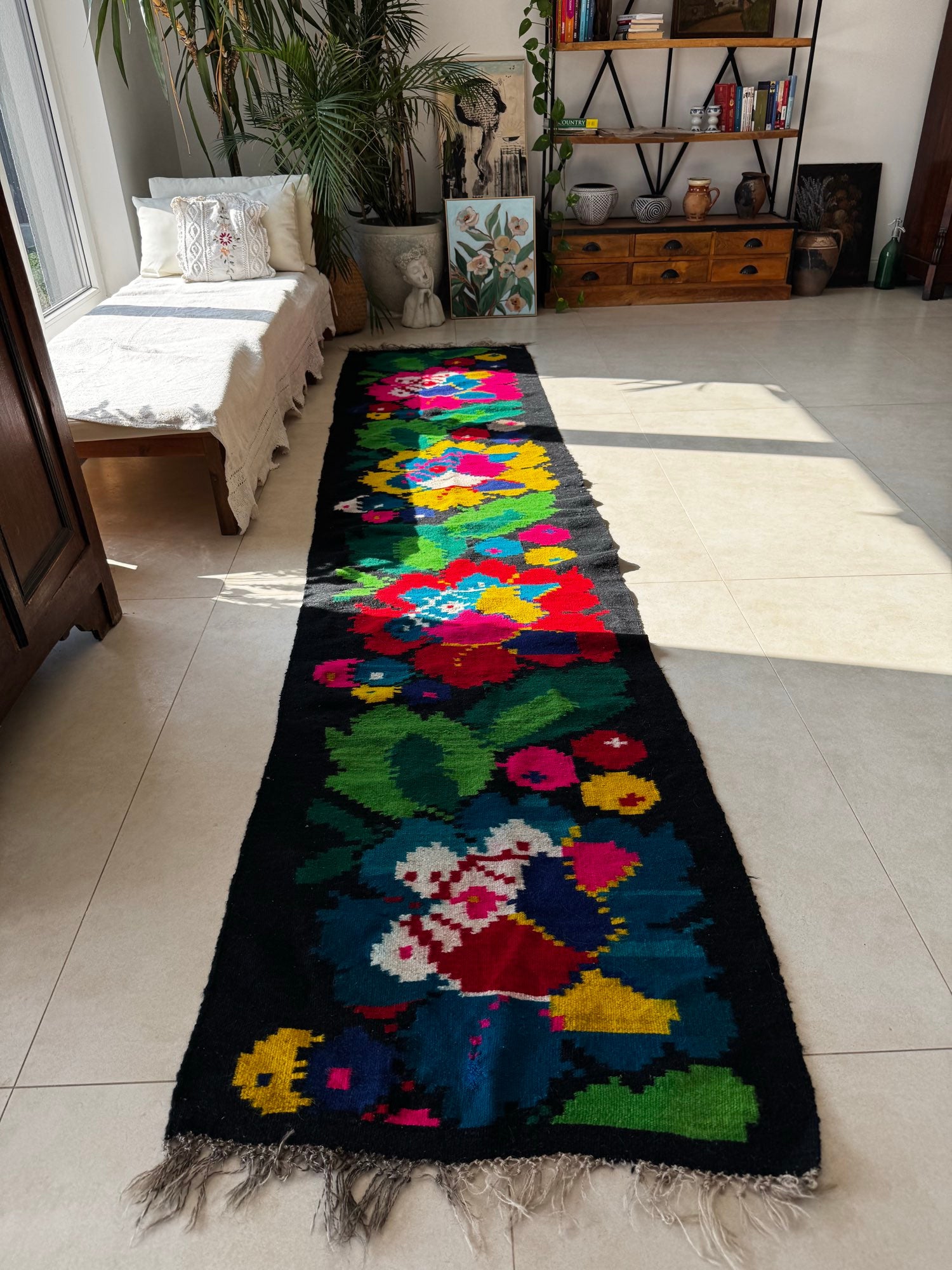 Handwoven Black Floral Romanian Wool Runner Rug, 340x77 cm, view 12