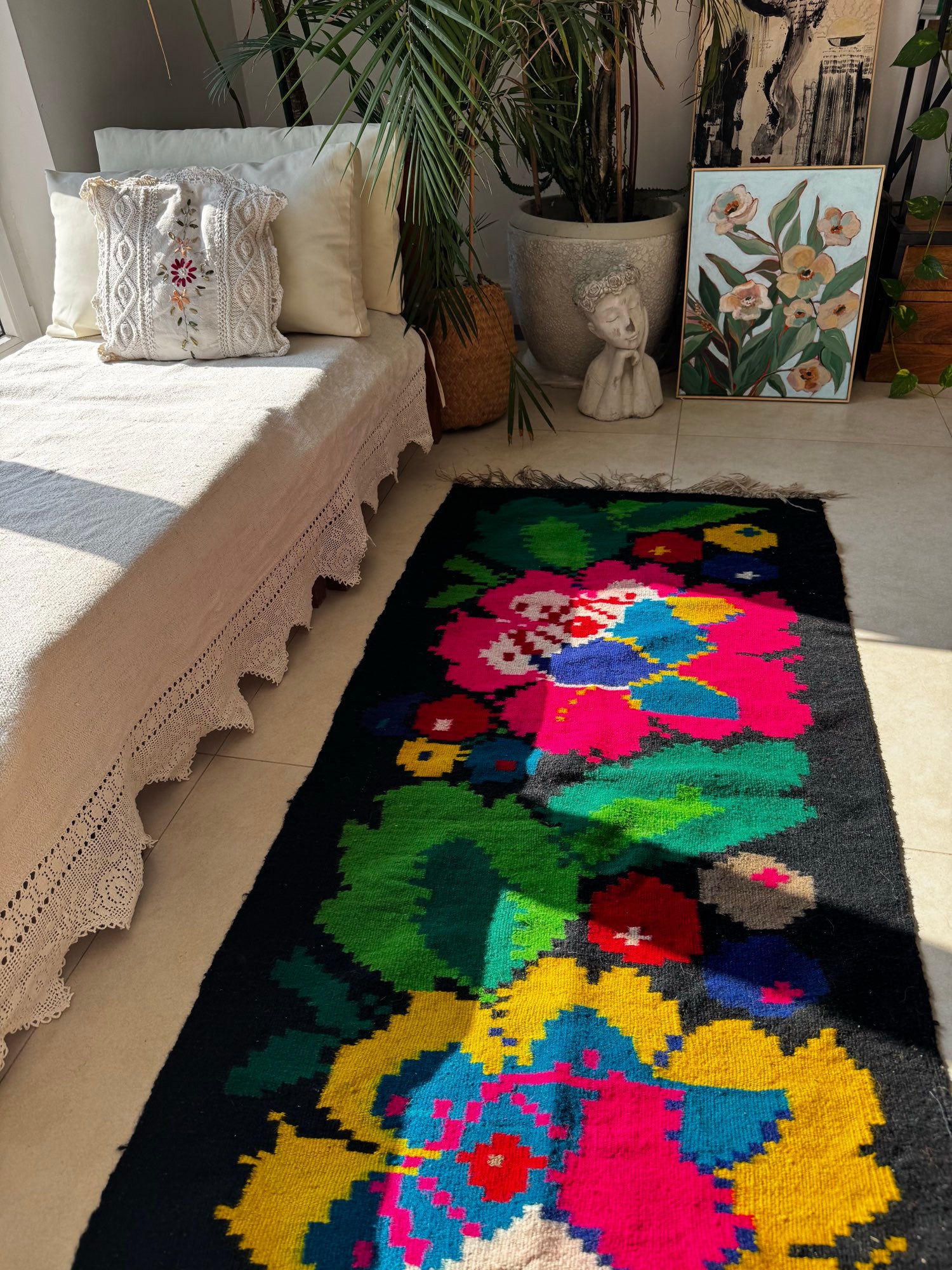 Handwoven Black Floral Romanian Wool Runner Rug, 340x77 cm, view 14