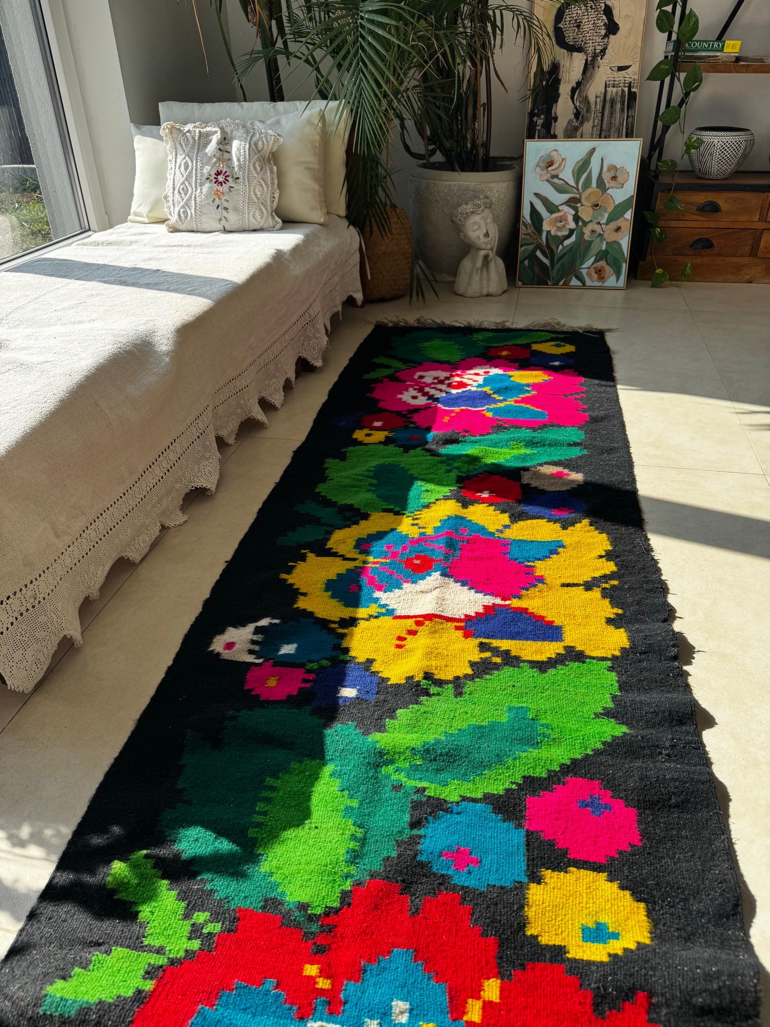 Handwoven Black Floral Romanian Wool Runner Rug, 340x77 cm, view 15