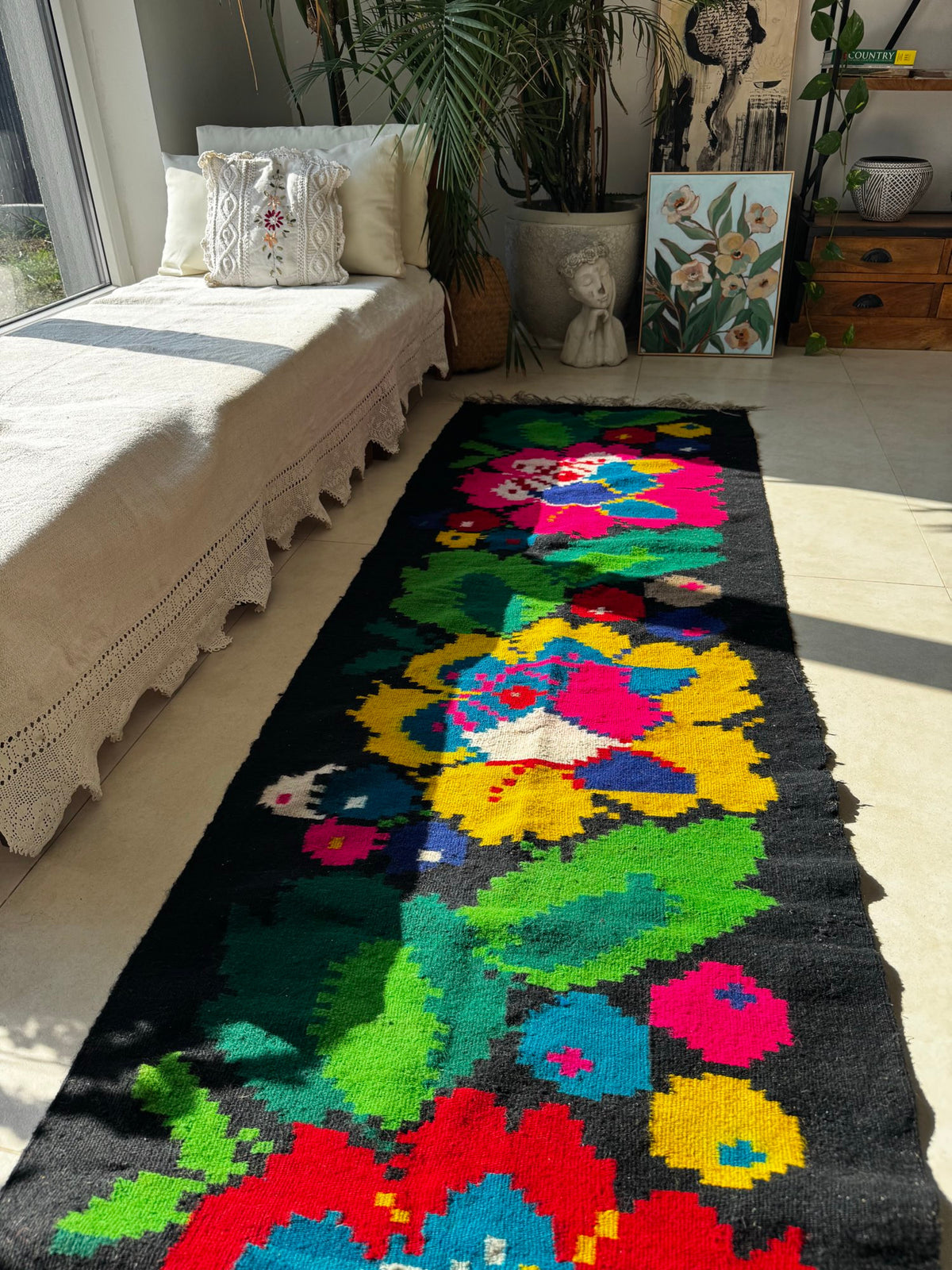 Handwoven Black Floral Romanian Wool Runner Rug, 340x77 cm, view 15