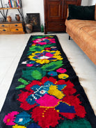 Handwoven Black Floral Romanian Wool Runner Rug, 340x77 cm, view 4