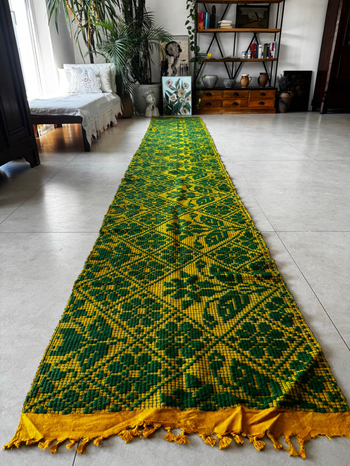 Handwoven Green Floral Romanian Wool Runner Rug, 450x65 cm, view 14