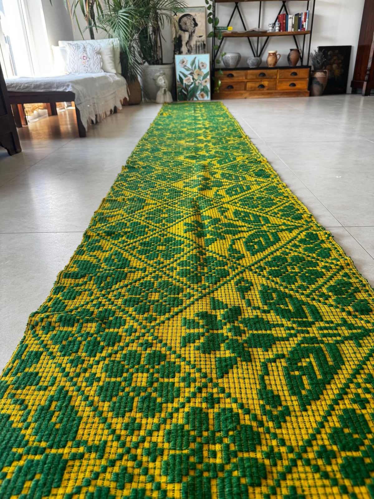 Handwoven Green Floral Romanian Wool Runner Rug, 450x65 cm, view 3