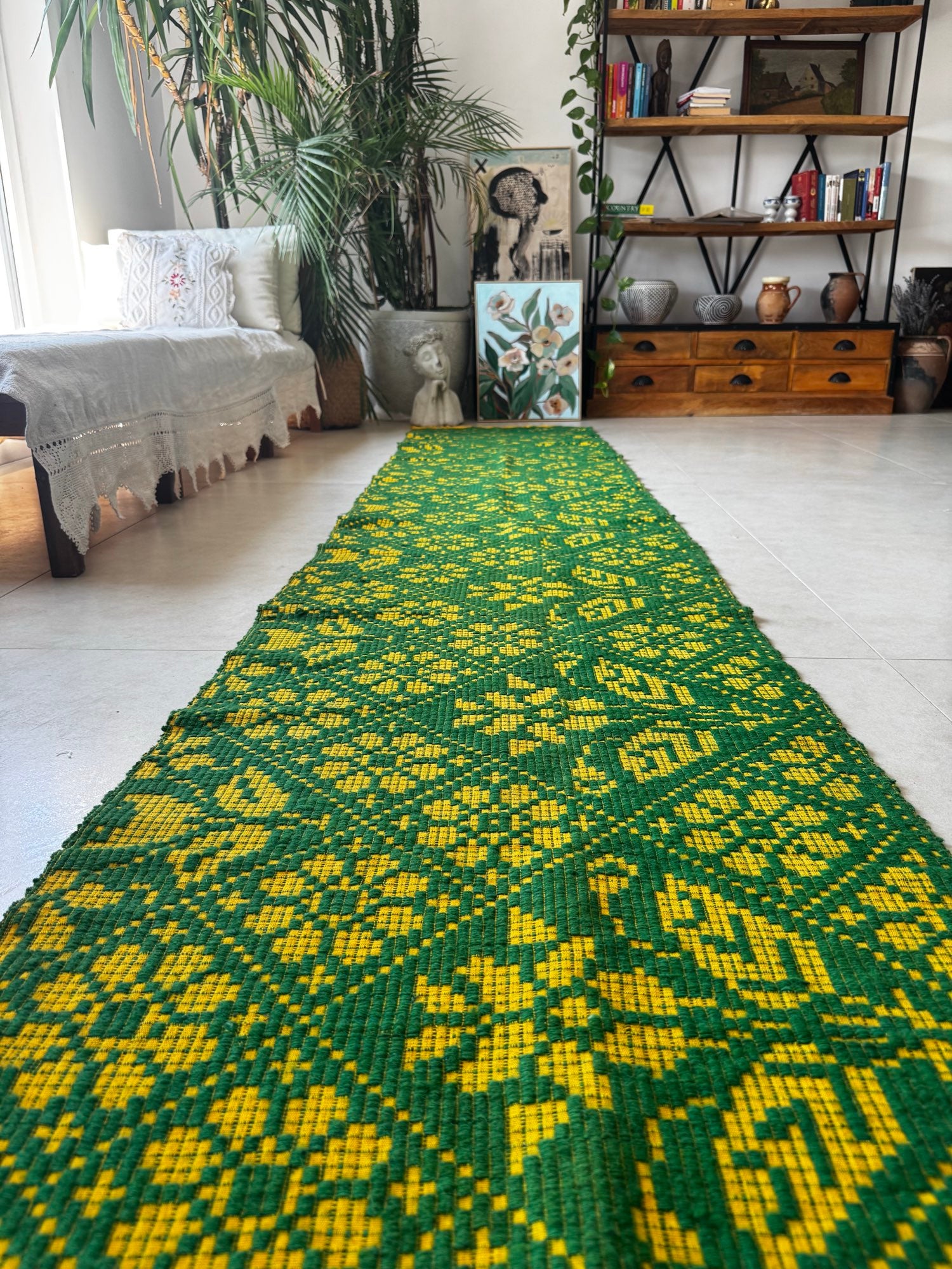 Handwoven Green Floral Romanian Wool Runner Rug, 450x65 cm, view 4