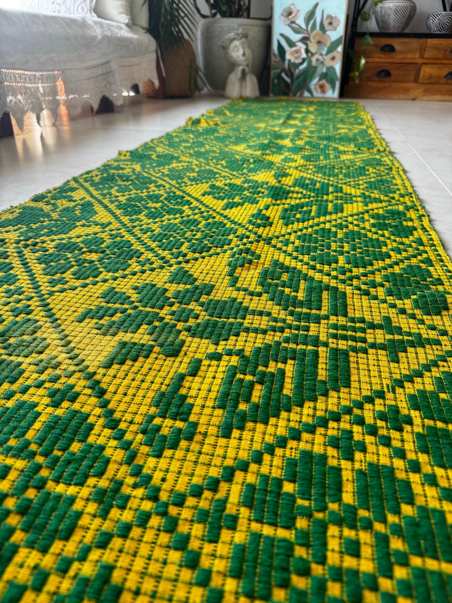 Handwoven Green Floral Romanian Wool Runner Rug, 450x65 cm, view 5