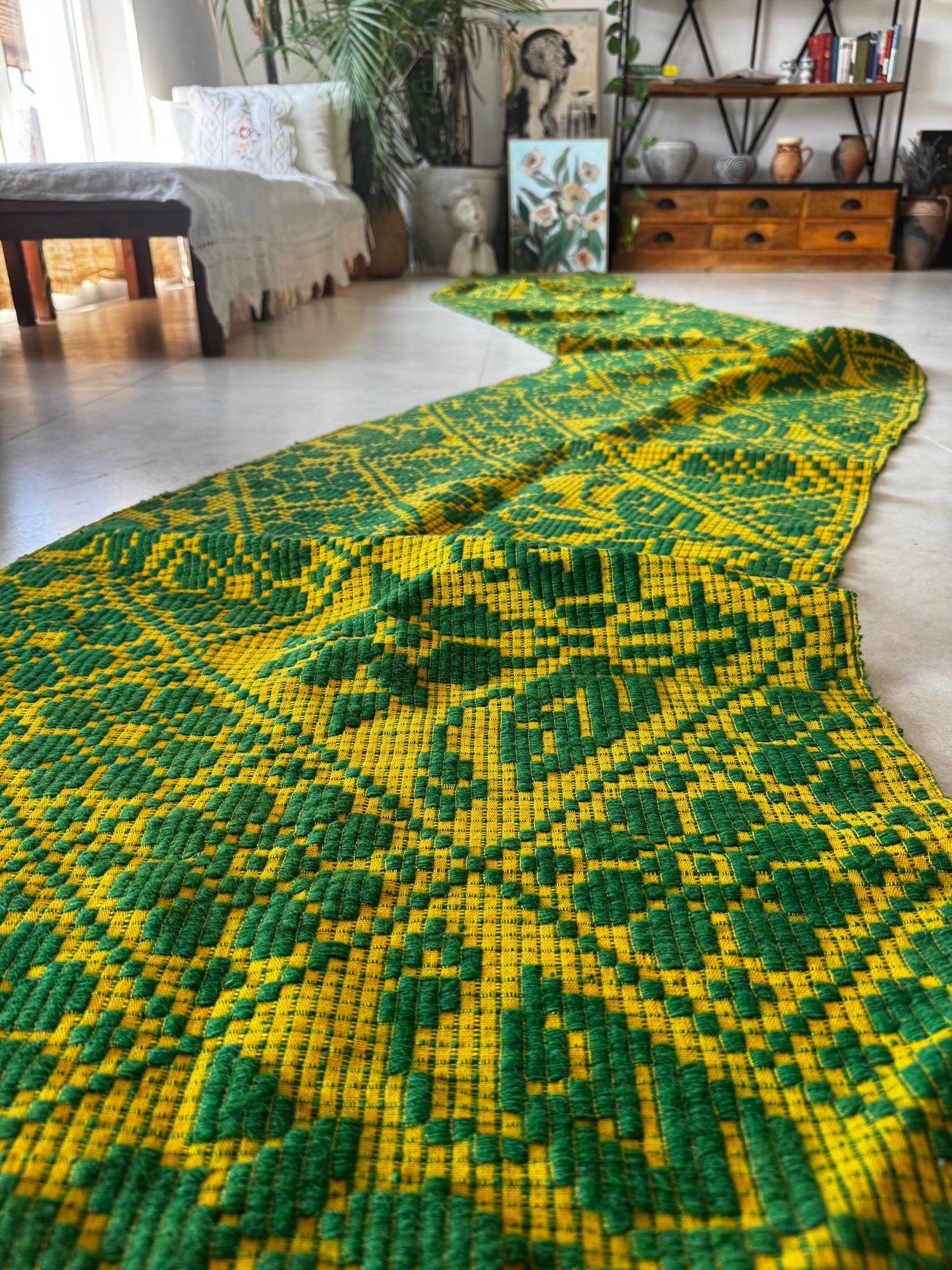 Handwoven Green Floral Romanian Wool Runner Rug, 450x65 cm, view 8