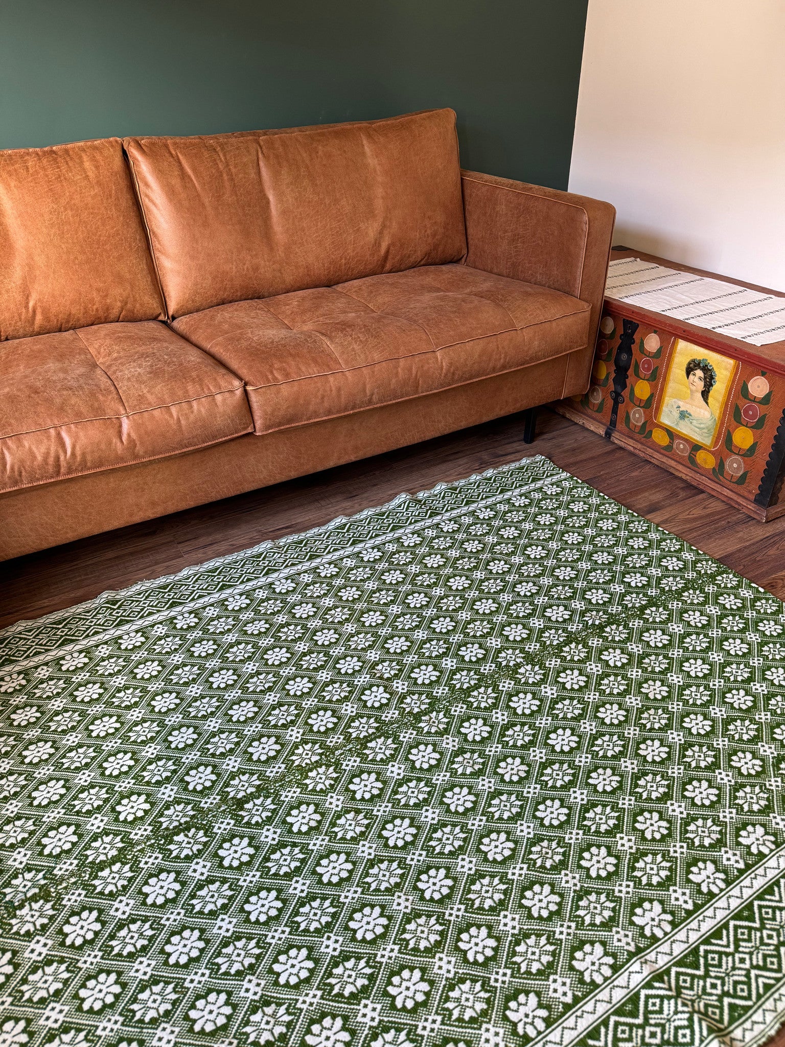 Vintage Green Geometric Romanian Wool Rug, 177x140 cm, view 13