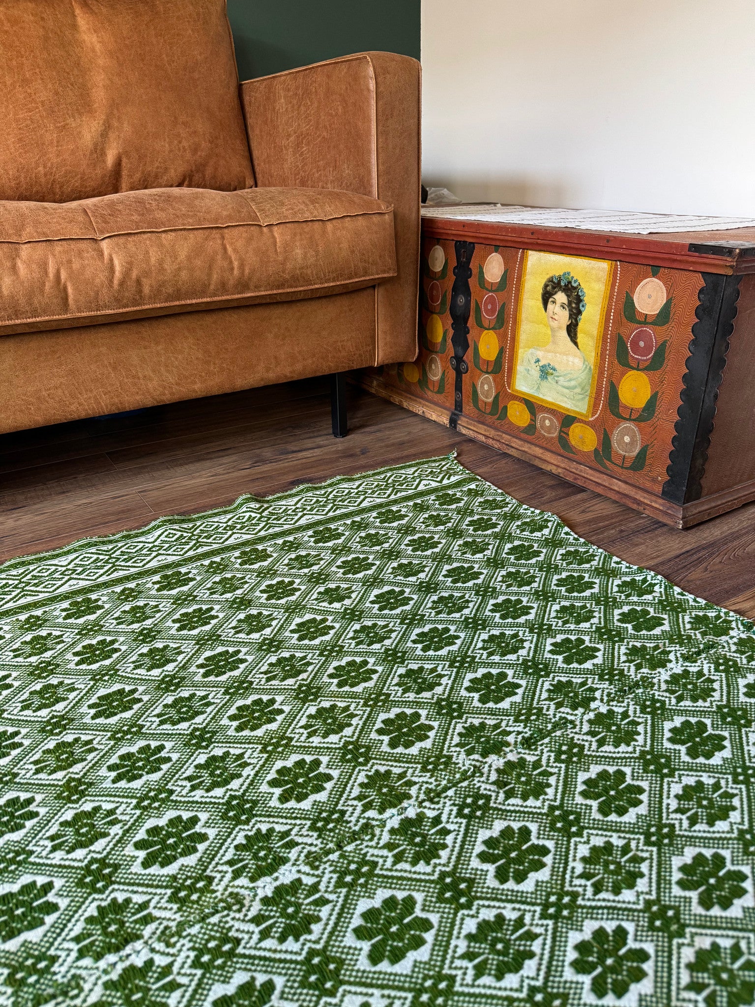 Vintage Green Geometric Romanian Wool Rug, 177x140 cm, view 3