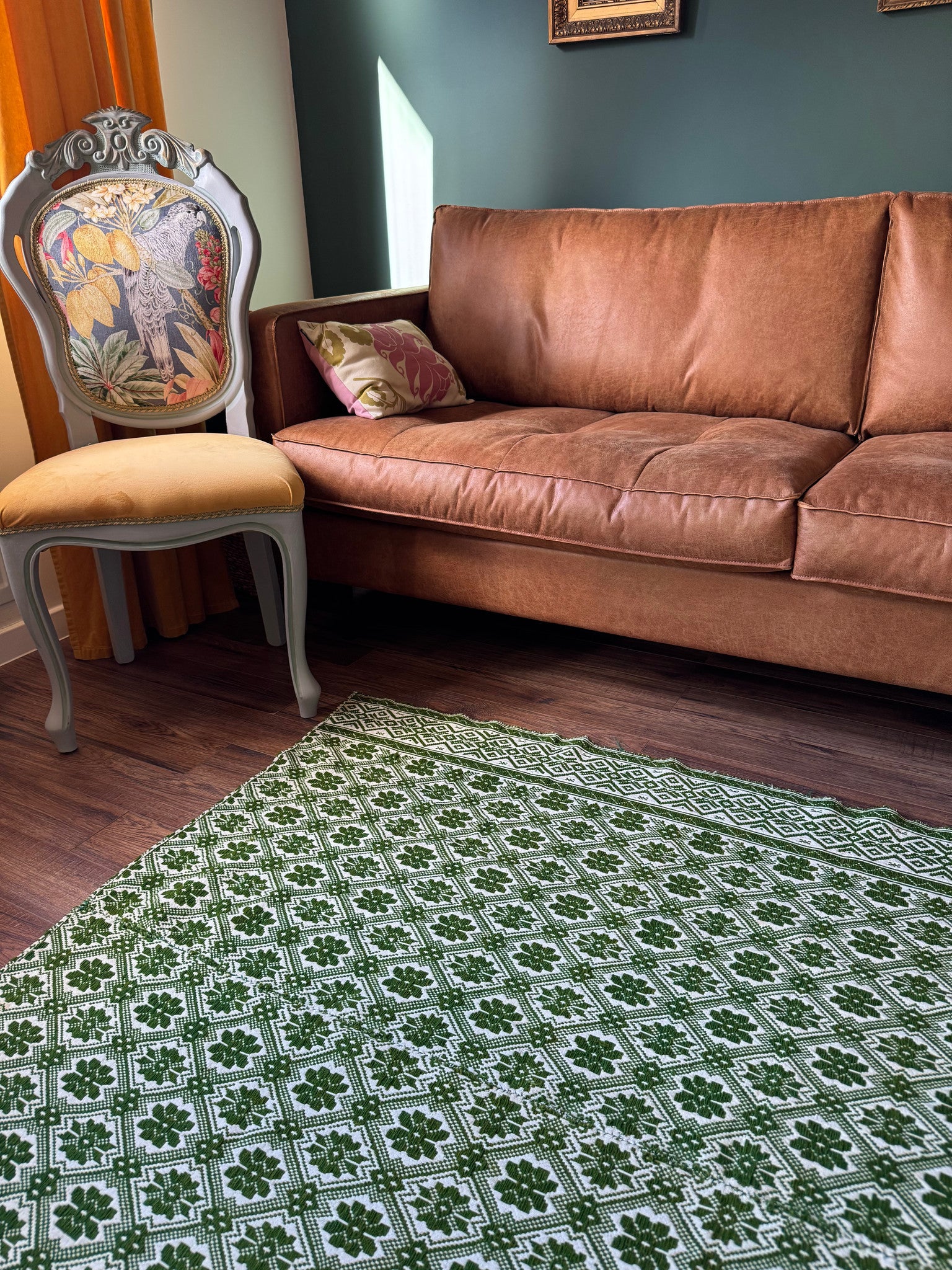Vintage Green Geometric Romanian Wool Rug, 177x140 cm, view 4