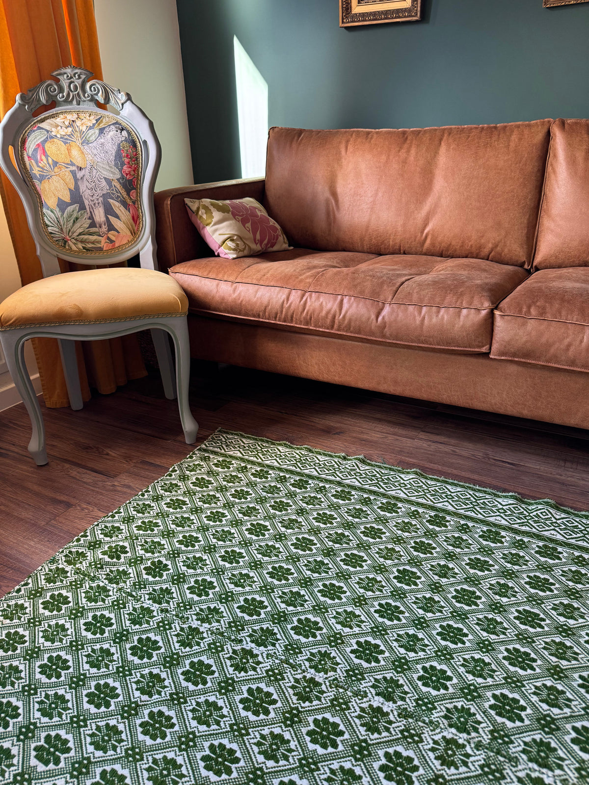 Vintage Green Geometric Romanian Wool Rug, 177x140 cm, view 4