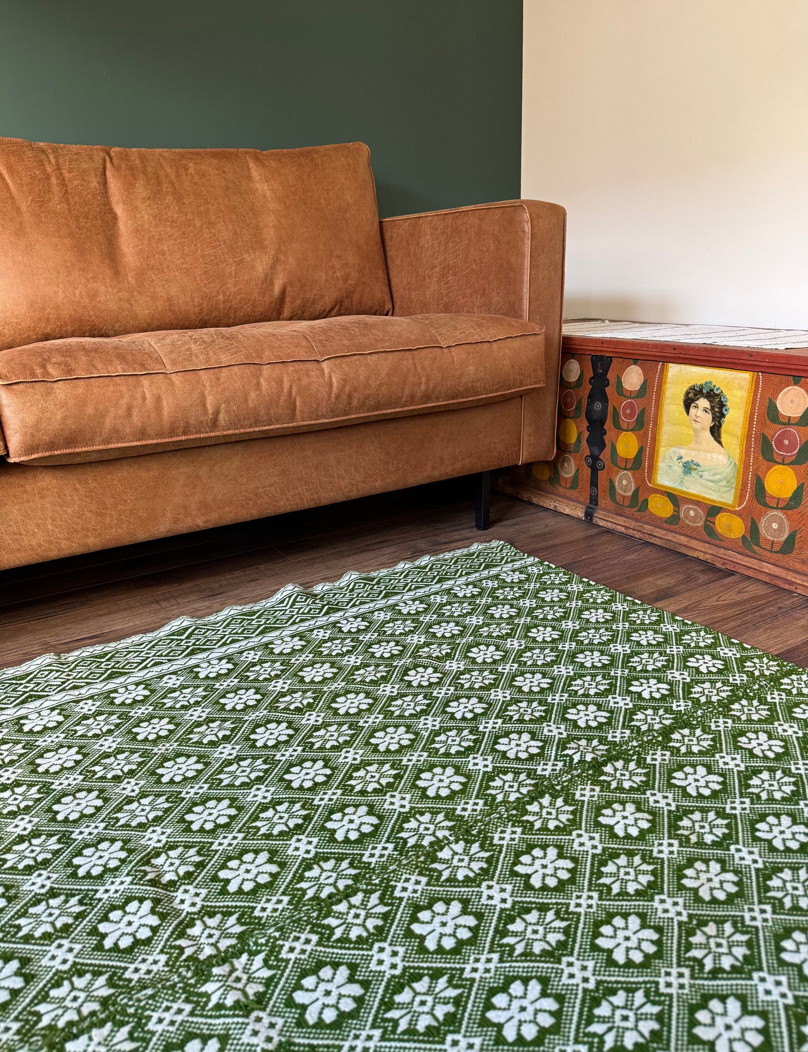 Vintage Green Geometric Romanian Wool Rug, 177x140 cm, view 8
