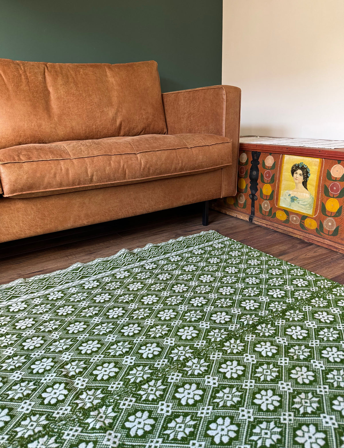 Vintage Green Geometric Romanian Wool Rug, 177x140 cm, view 8
