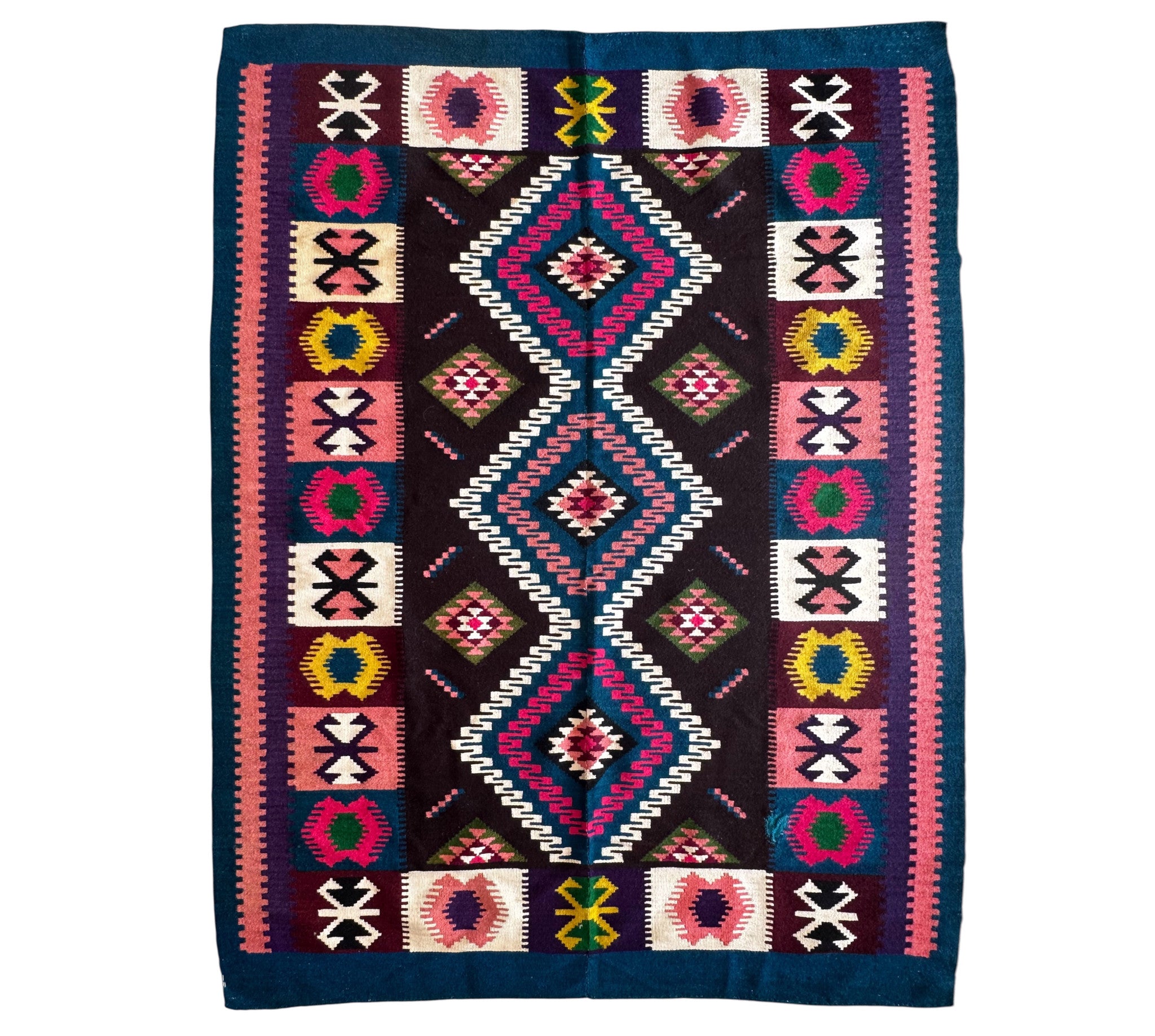 Vintage Blue Geometric Banat Wool Kilim Rug, 210x150 cm