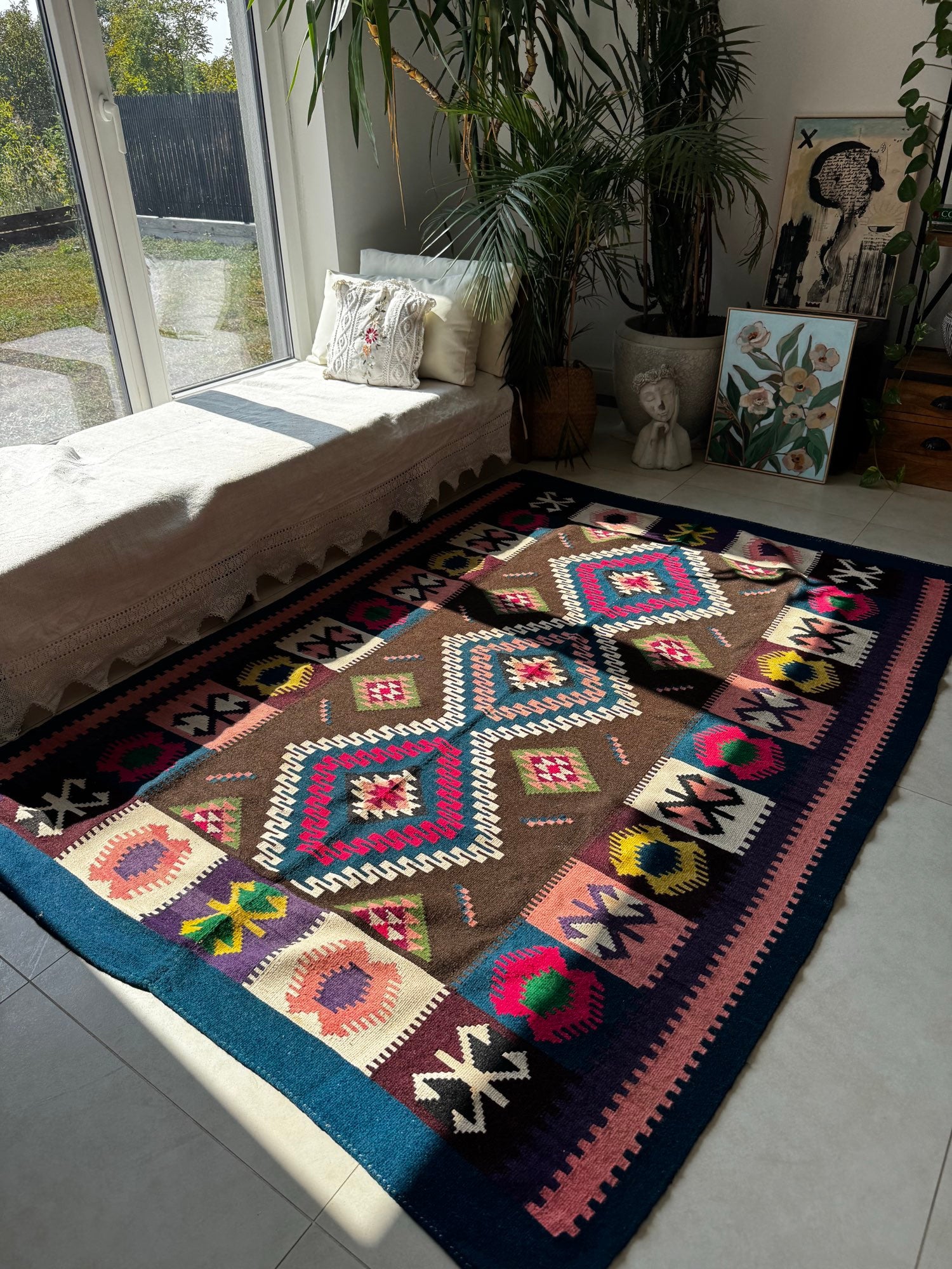 Vintage Blue Geometric Banat Wool Kilim Rug, 210x150 cm, view 13
