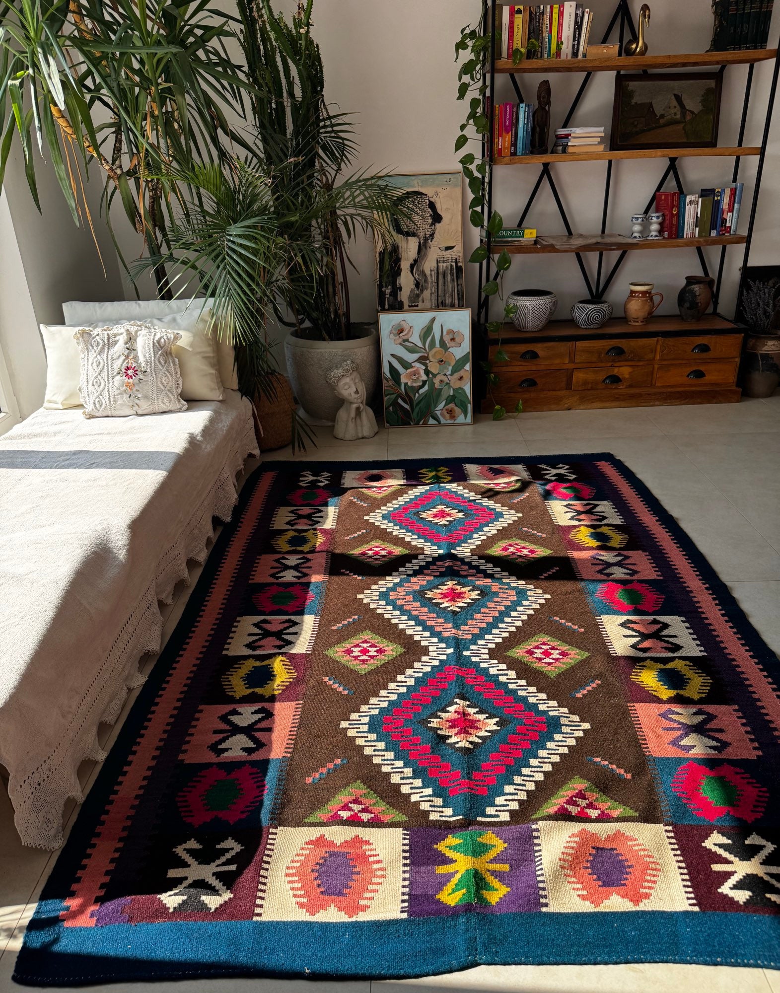 Vintage Blue Geometric Banat Wool Kilim Rug, 210x150 cm, view 15