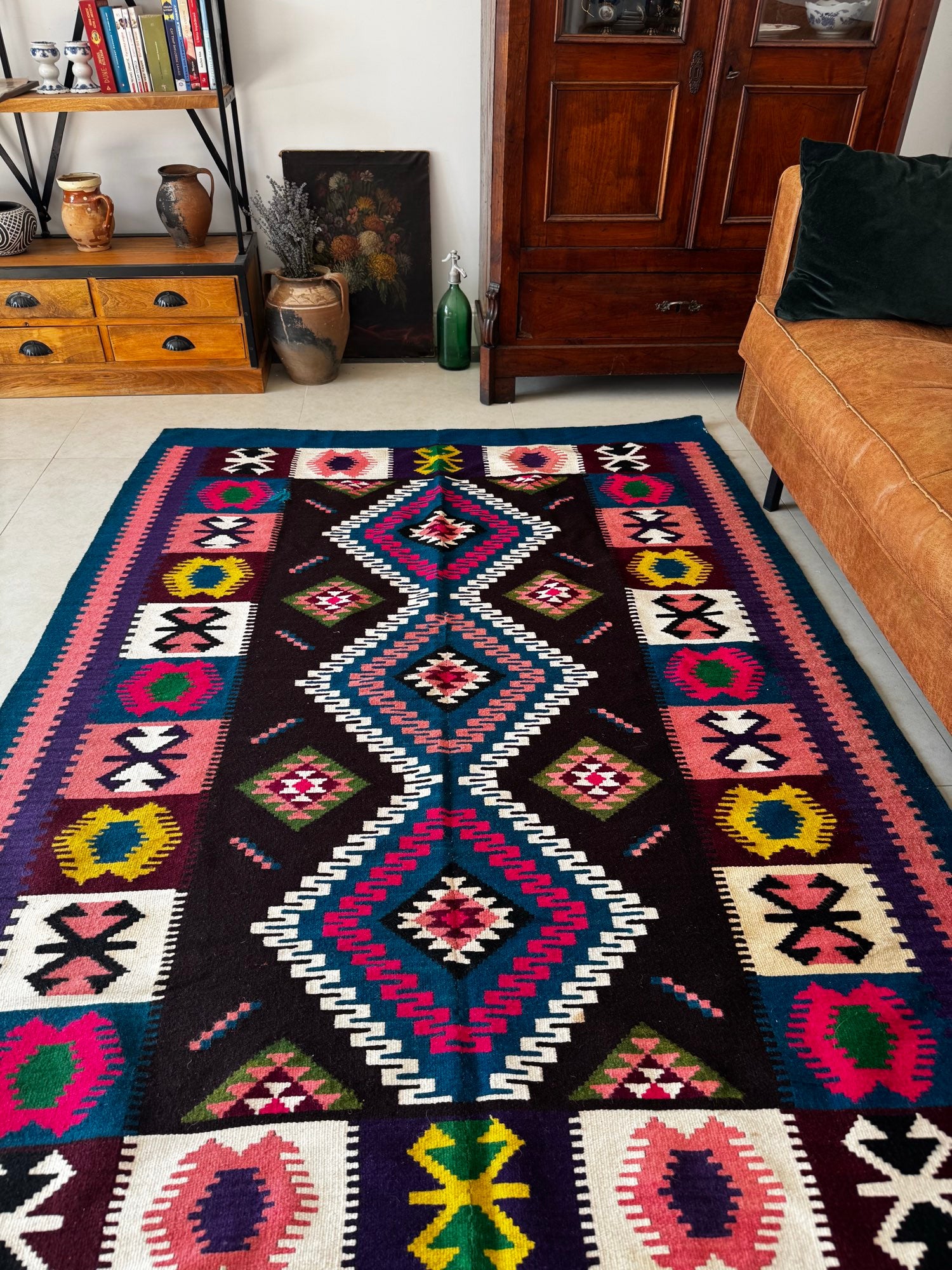 Vintage Blue Geometric Banat Wool Kilim Rug, 210x150 cm, view 3