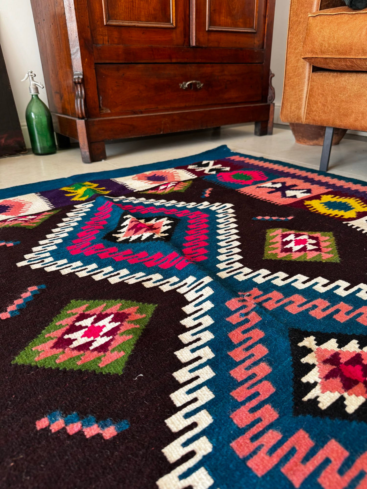 Vintage Blue Geometric Banat Wool Kilim Rug, 210x150 cm, view 9