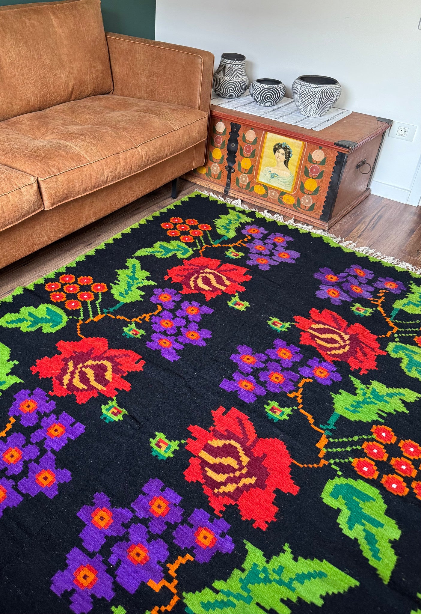 Vintage Purple & Red Floral Banat Wool Rug, 218x157 cm, view 3