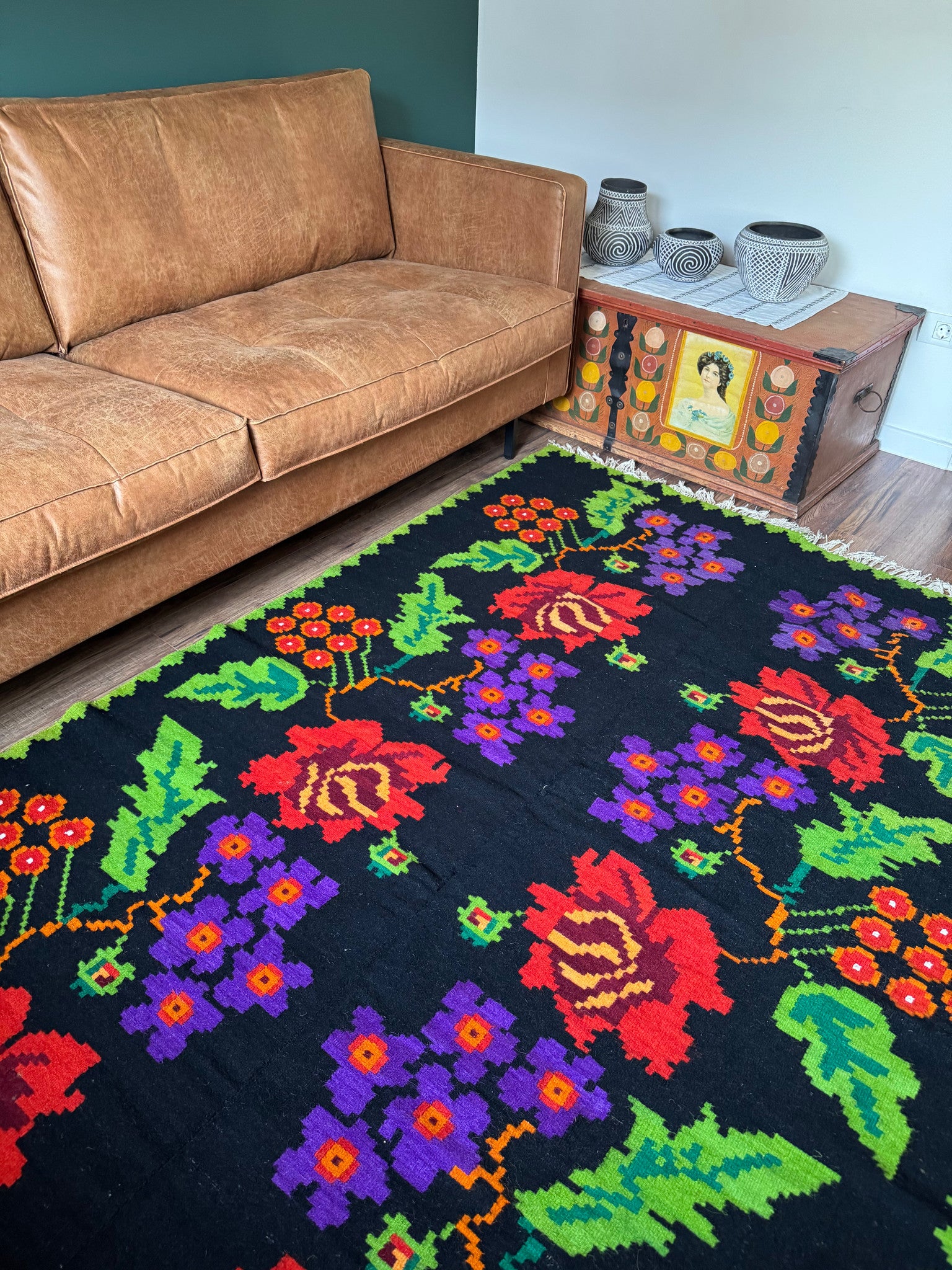 Vintage Purple & Red Floral Banat Wool Rug, 218x157 cm, view 4