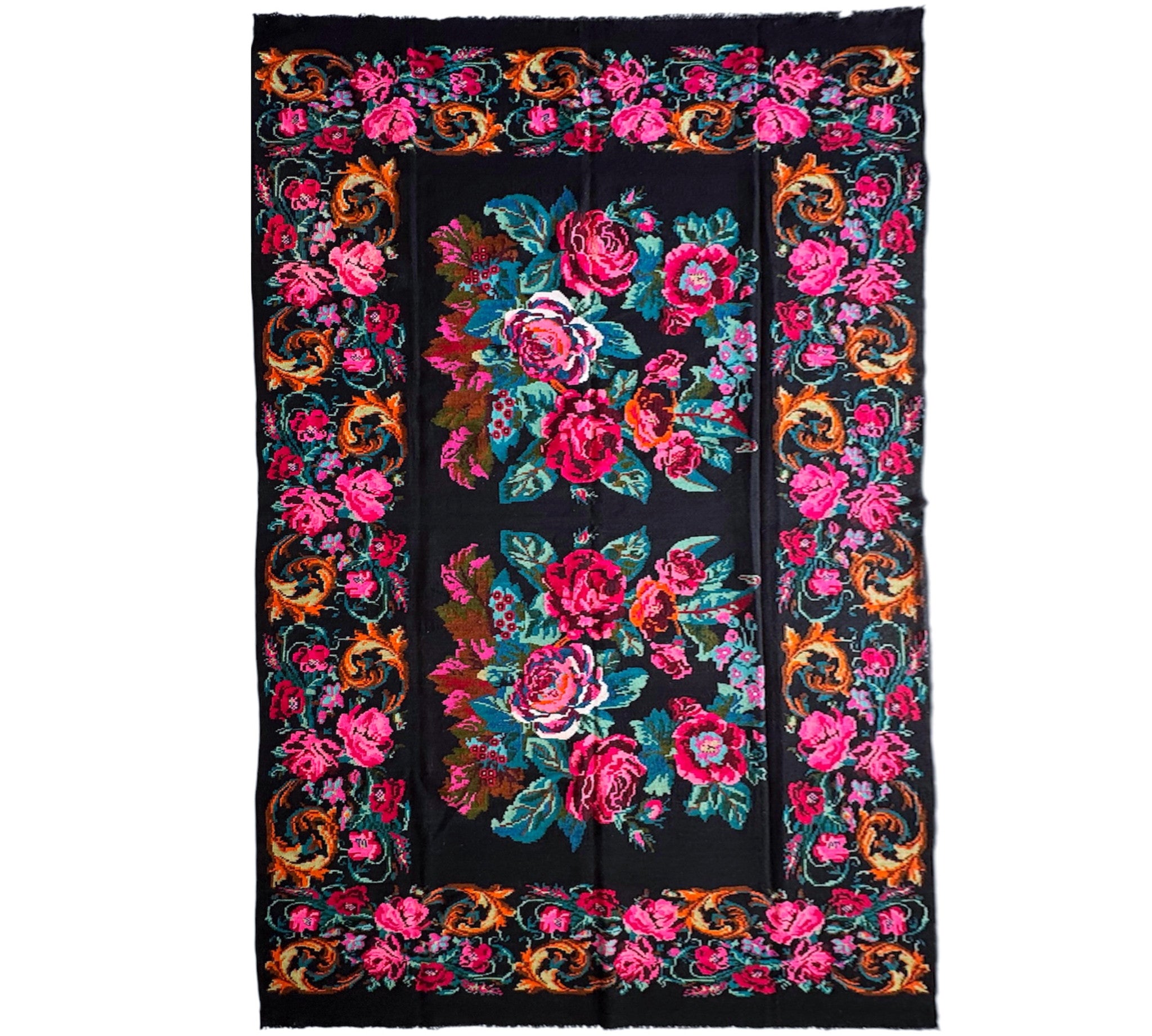 Vintage Floral Bessarabian Wool Kilim Rug, 400x195 cm