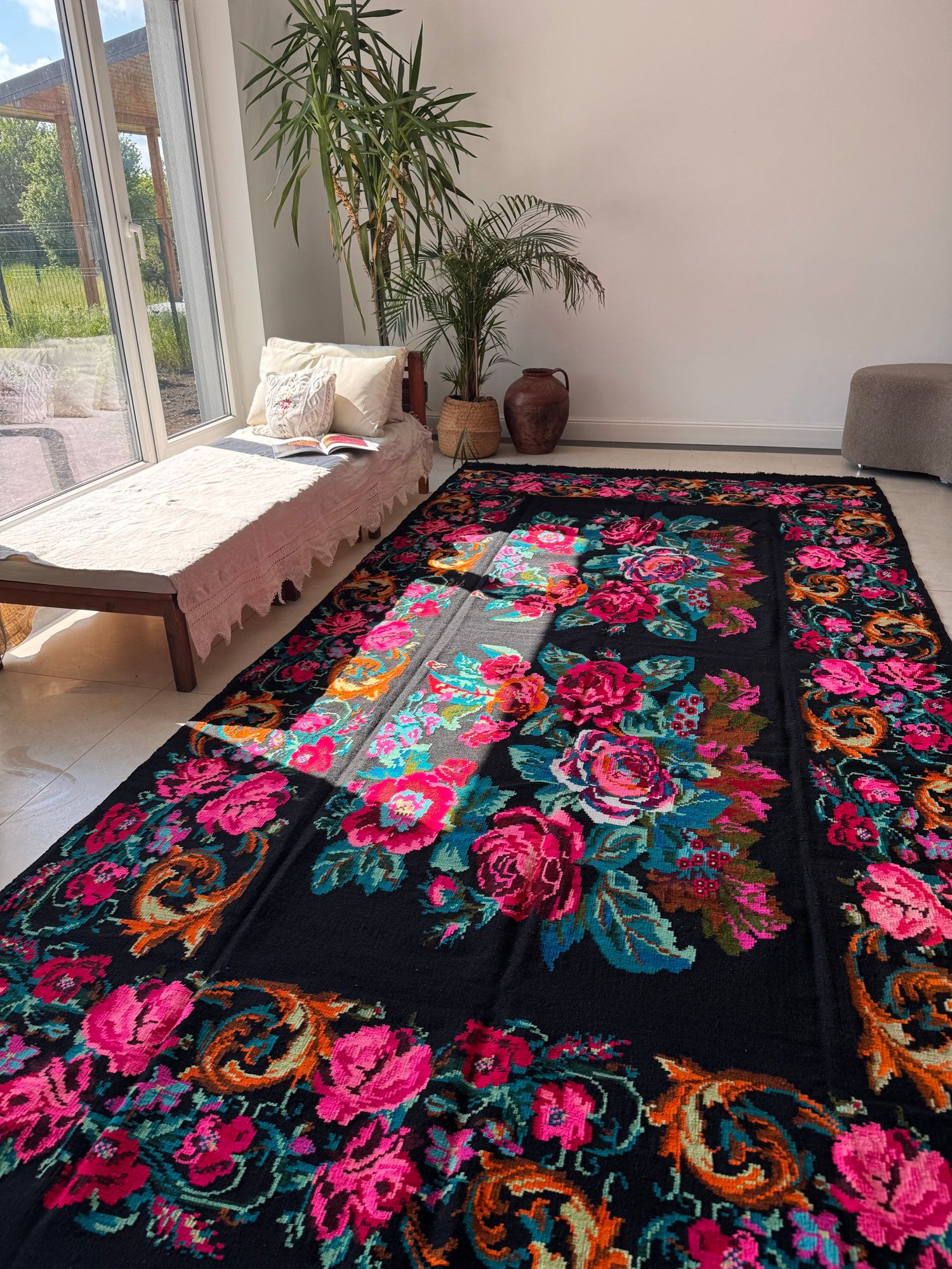 Vintage Floral Bessarabian Wool Kilim Rug, 400x195 cm, view 2