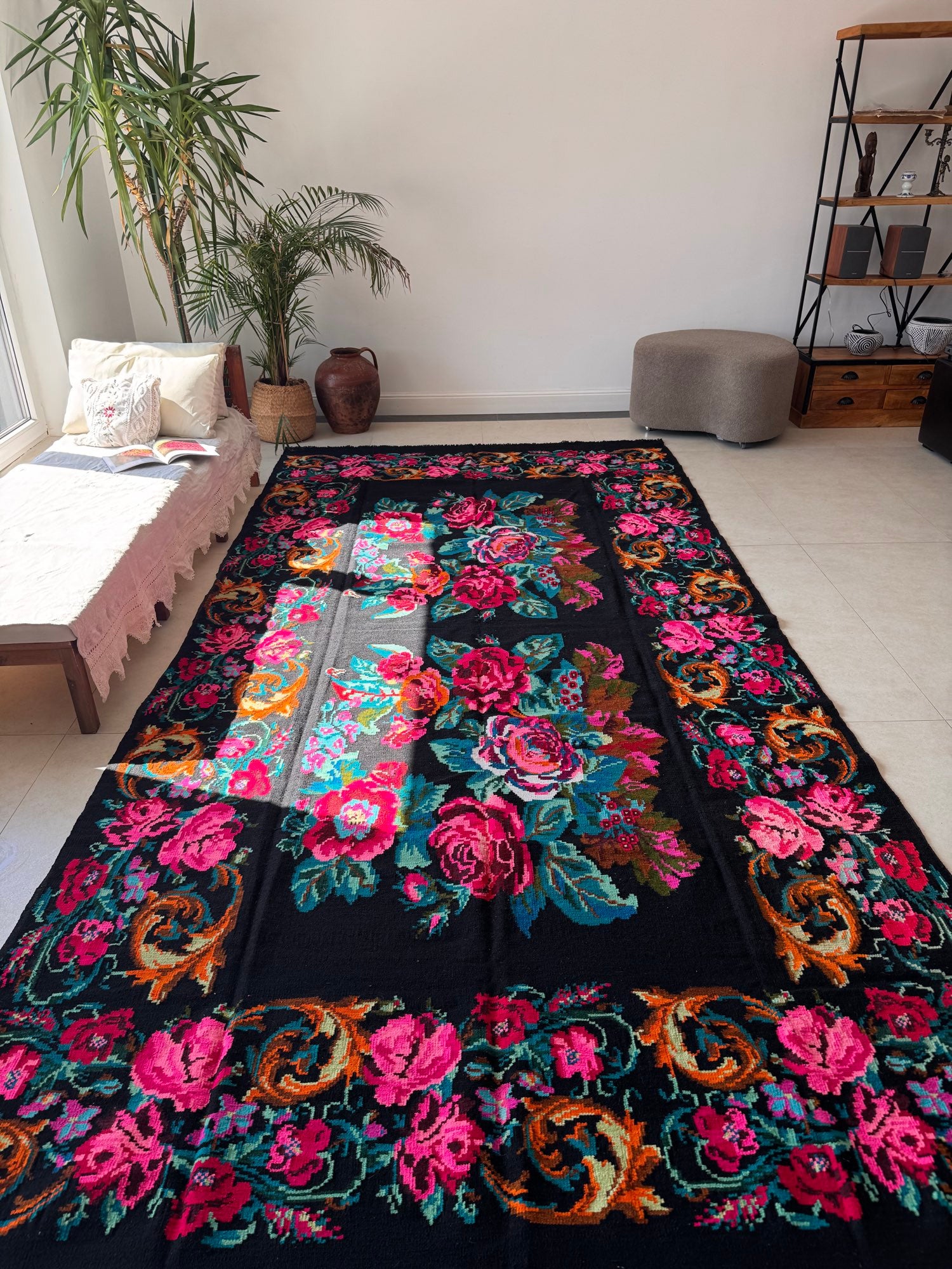 Vintage Floral Bessarabian Wool Kilim Rug, 400x195 cm, view 3