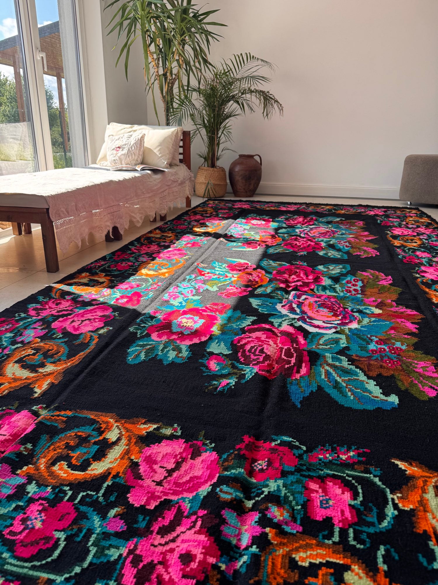Vintage Floral Bessarabian Wool Kilim Rug, 400x195 cm, view 4