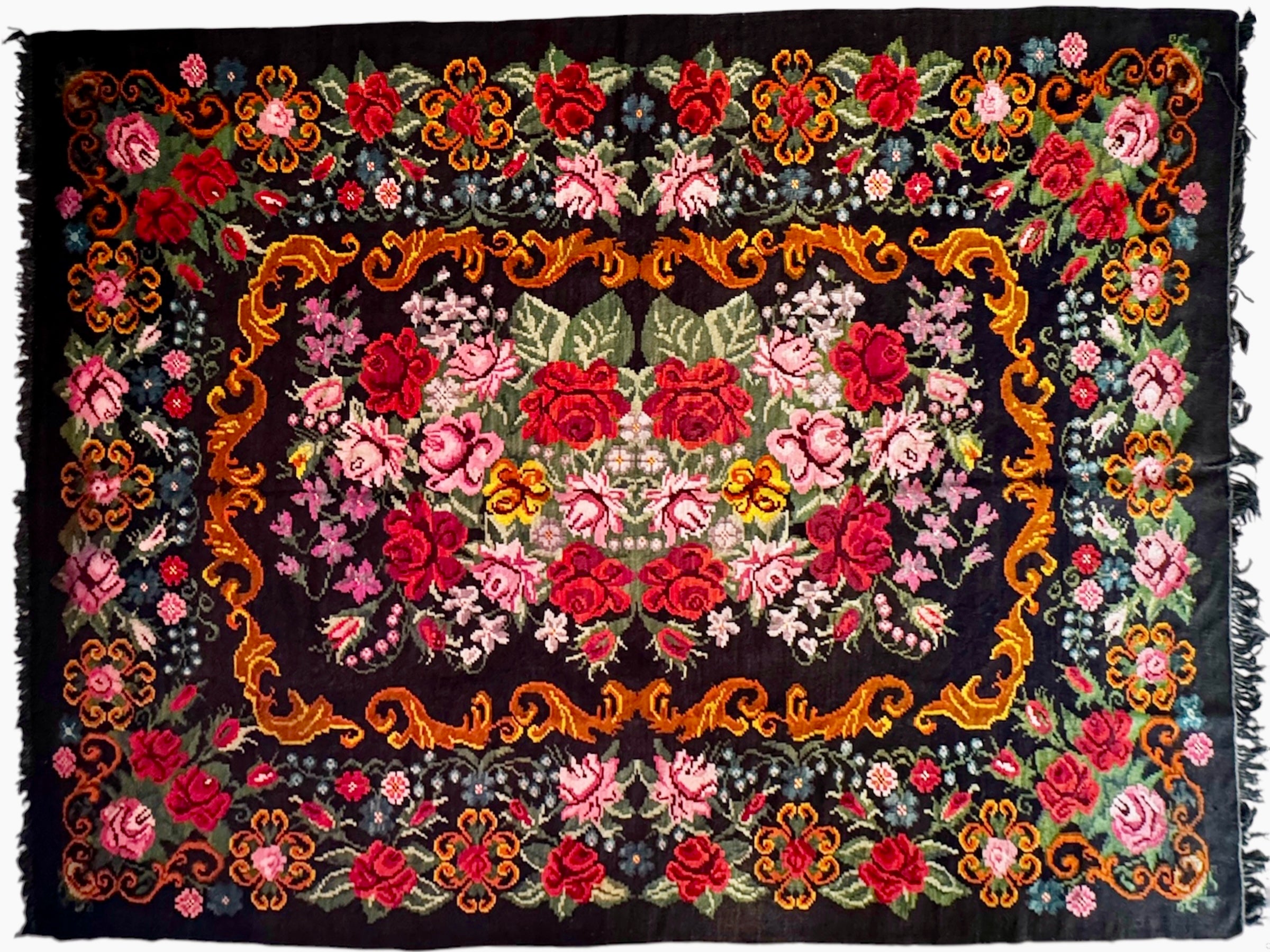 Vintage Bessarabian wool rug with black background and red rose floral design, 340 × 238 cm